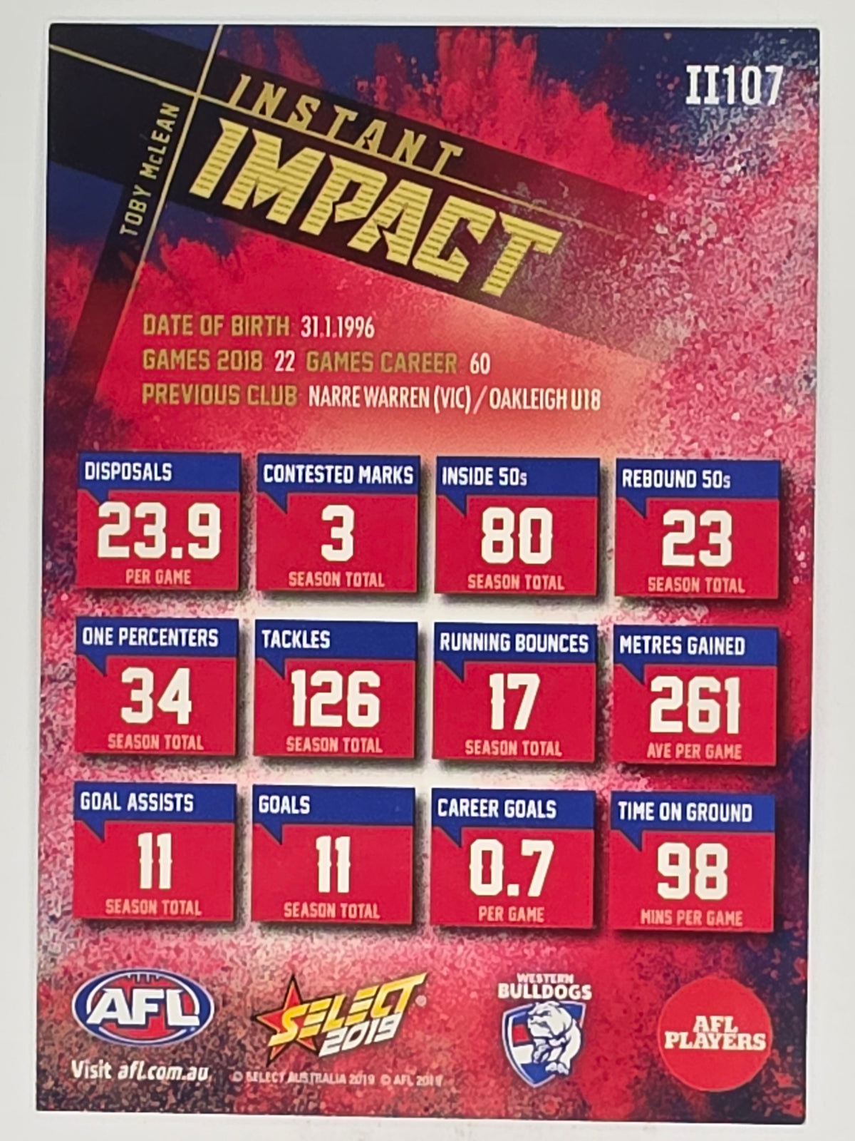 AFL 2019 Footy Stars | Instant Impact | #II107 | Toby McLean | Western Bulldogs