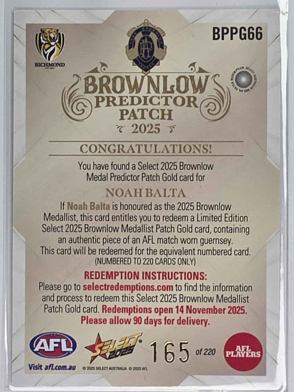 AFL 2025 Footy Stars | Brownlow Predictor Patch | #BPPG66 | Noah Balta | Richmond | #165/220