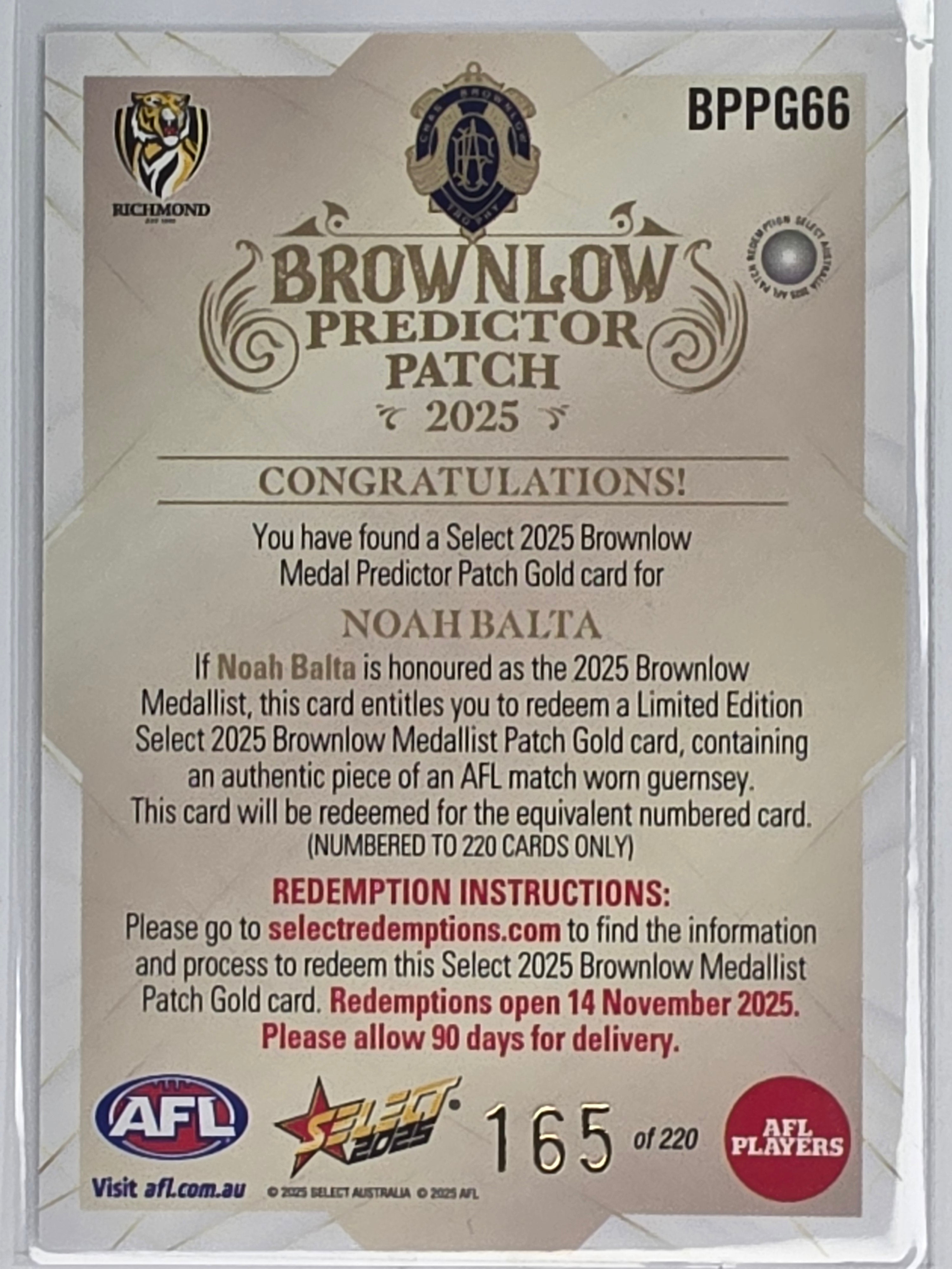 AFL 2025 Footy Stars | Brownlow Predictor Patch | #BPPG66 | Noah Balta | Richmond | #165/220