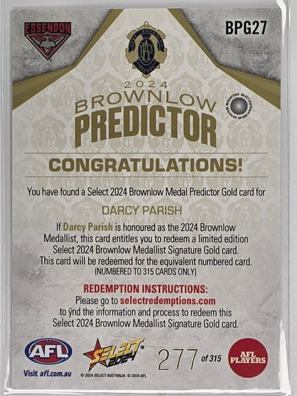 AFL 2024 Footy Stars | Brownlow Predictor Gold #BPG27 D. Parish Essendon #277/315