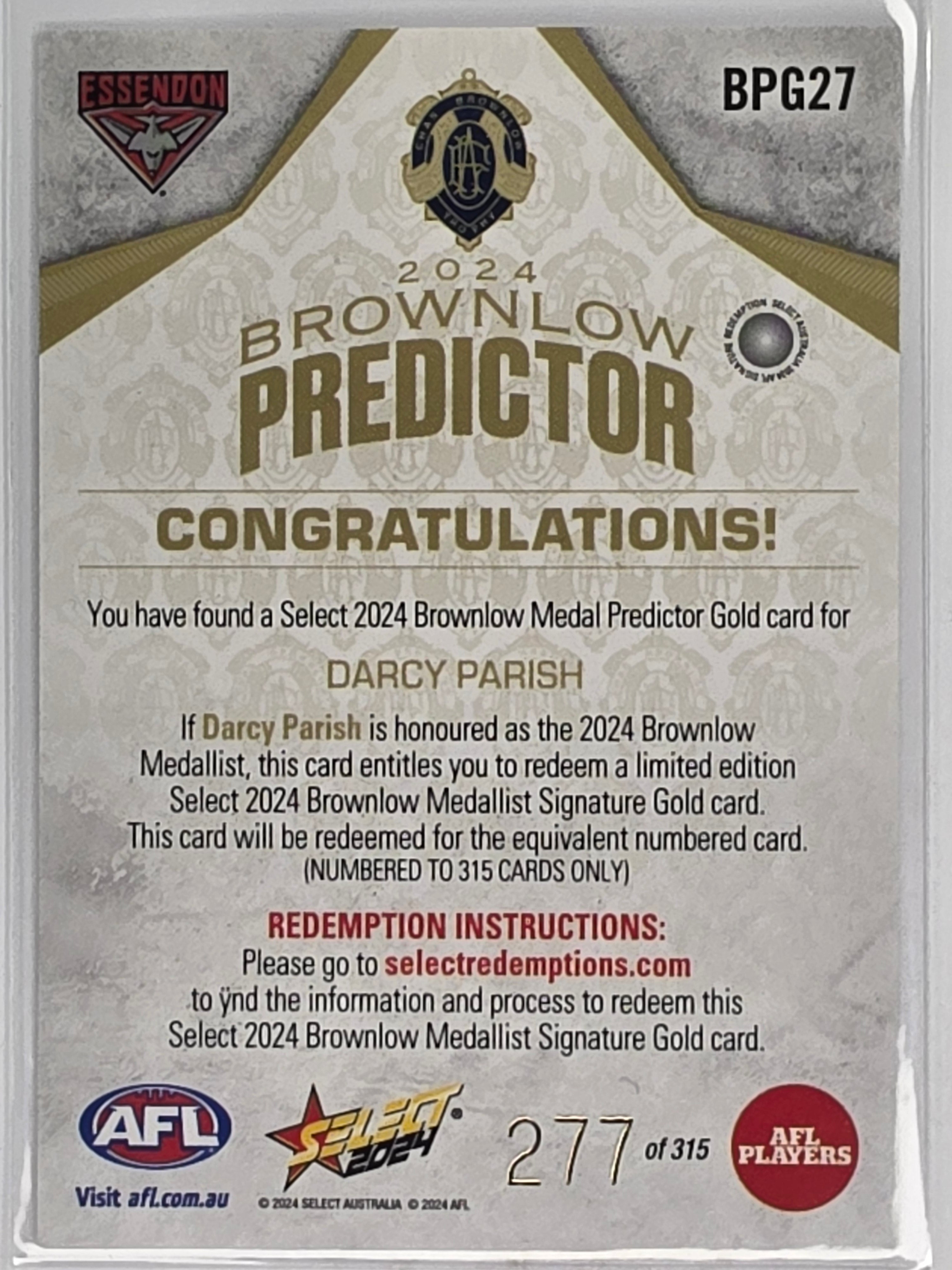 AFL 2024 Footy Stars | Brownlow Predictor Gold #BPG27 D. Parish Essendon #277/315