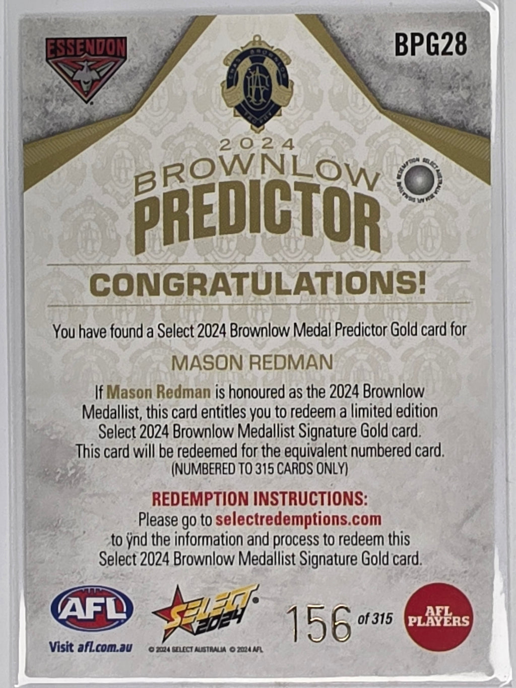 AFL 2024 Footy Stars | Brownlow Predictor Gold #BPG28 M. Redman Essendon #156/315