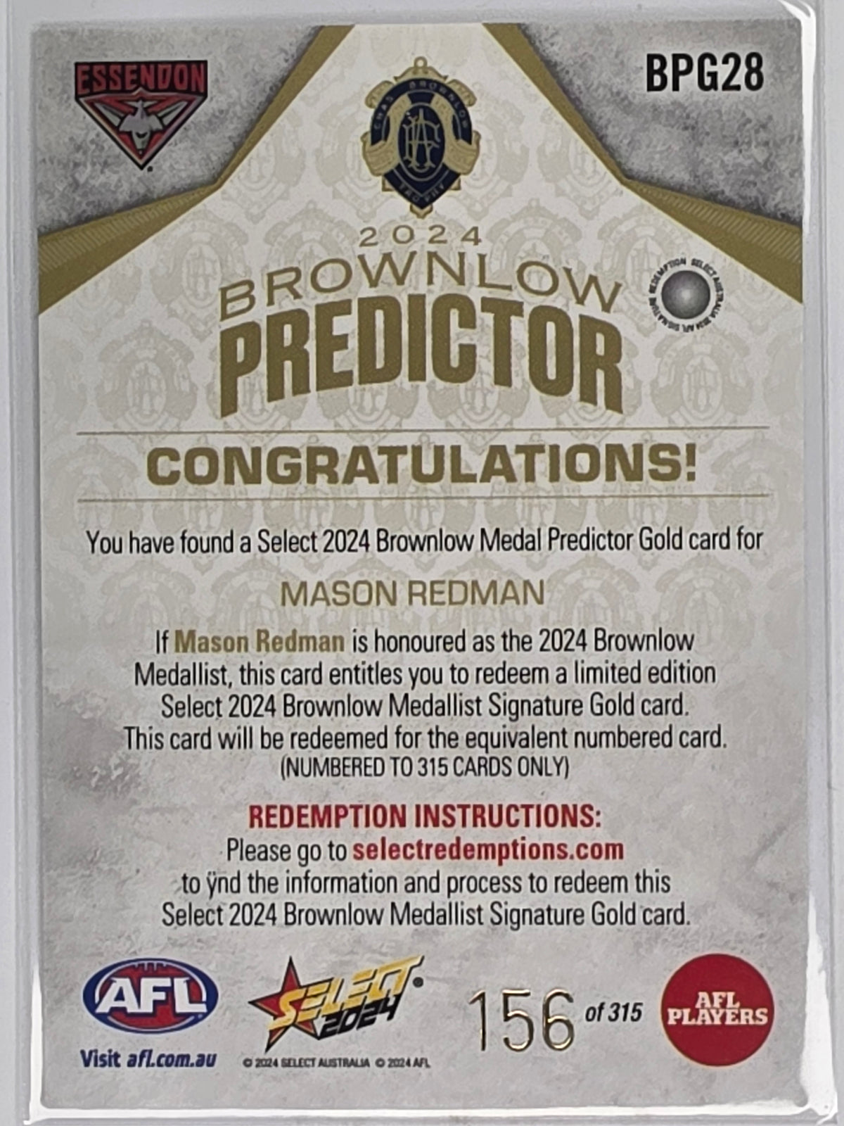 AFL 2024 Footy Stars | Brownlow Predictor Gold #BPG28 M. Redman Essendon #156/315