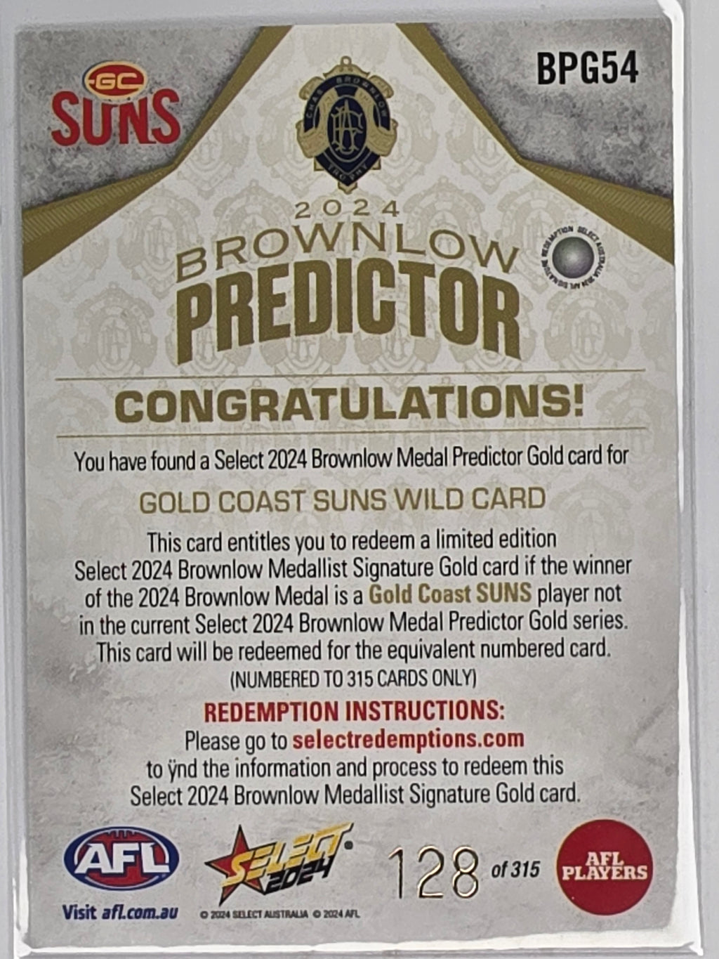 AFL 2024 Footy Stars | Brownlow Predictor Gold #BPG54 Gold Coast Suns Wildcard #128/315