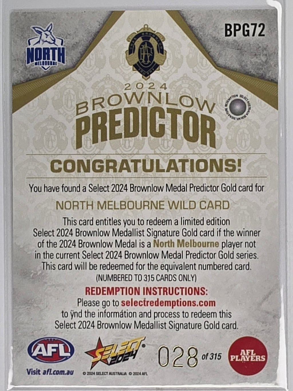 AFL 2024 Footy Stars | Brownlow Predictor Gold #BPG72 North Melbourne Wildcard #028/315