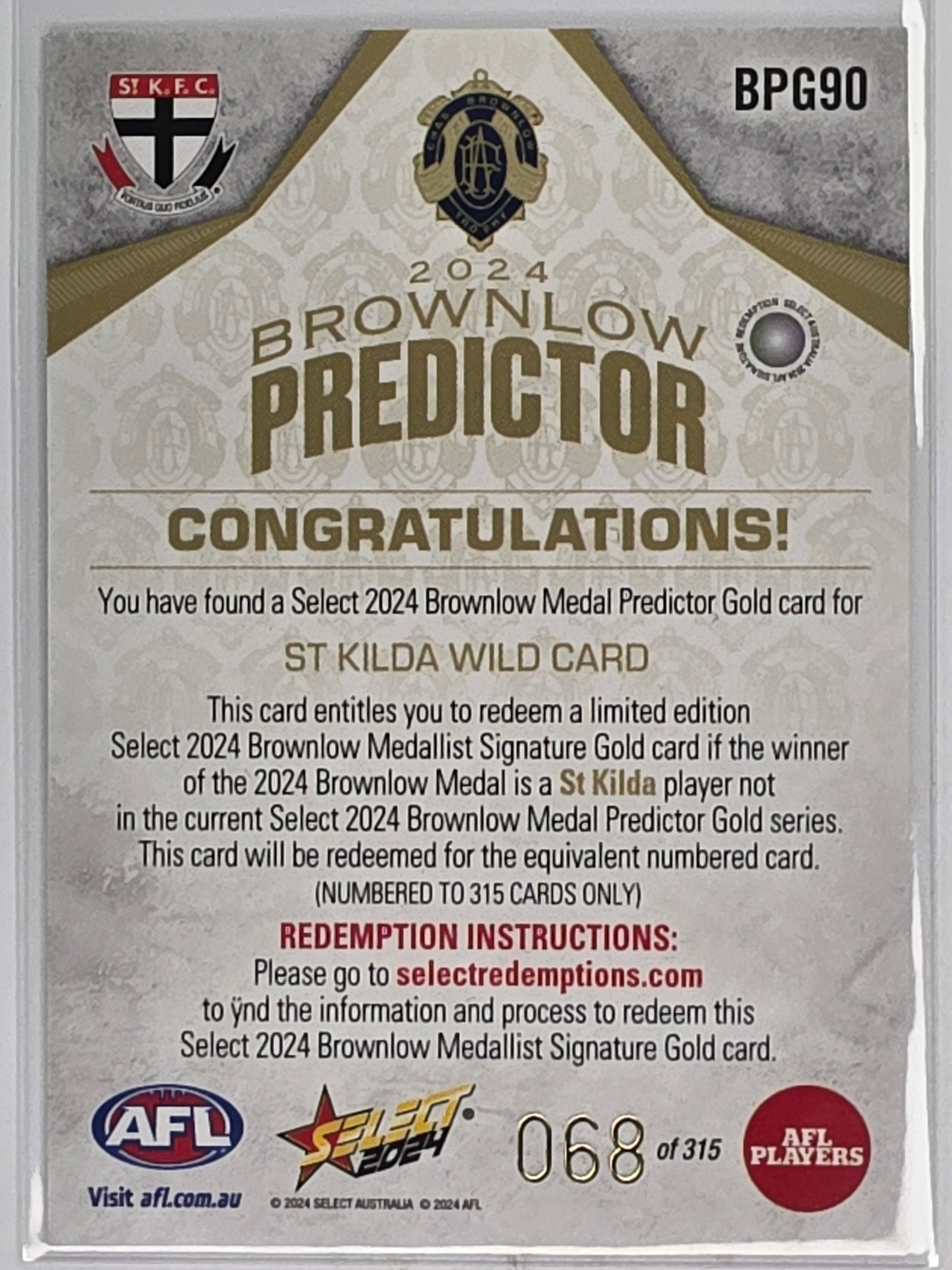 AFL 2024 Footy Stars | Brownlow Predictor Gold #BPG90 St Kilda Wildcard #068/315