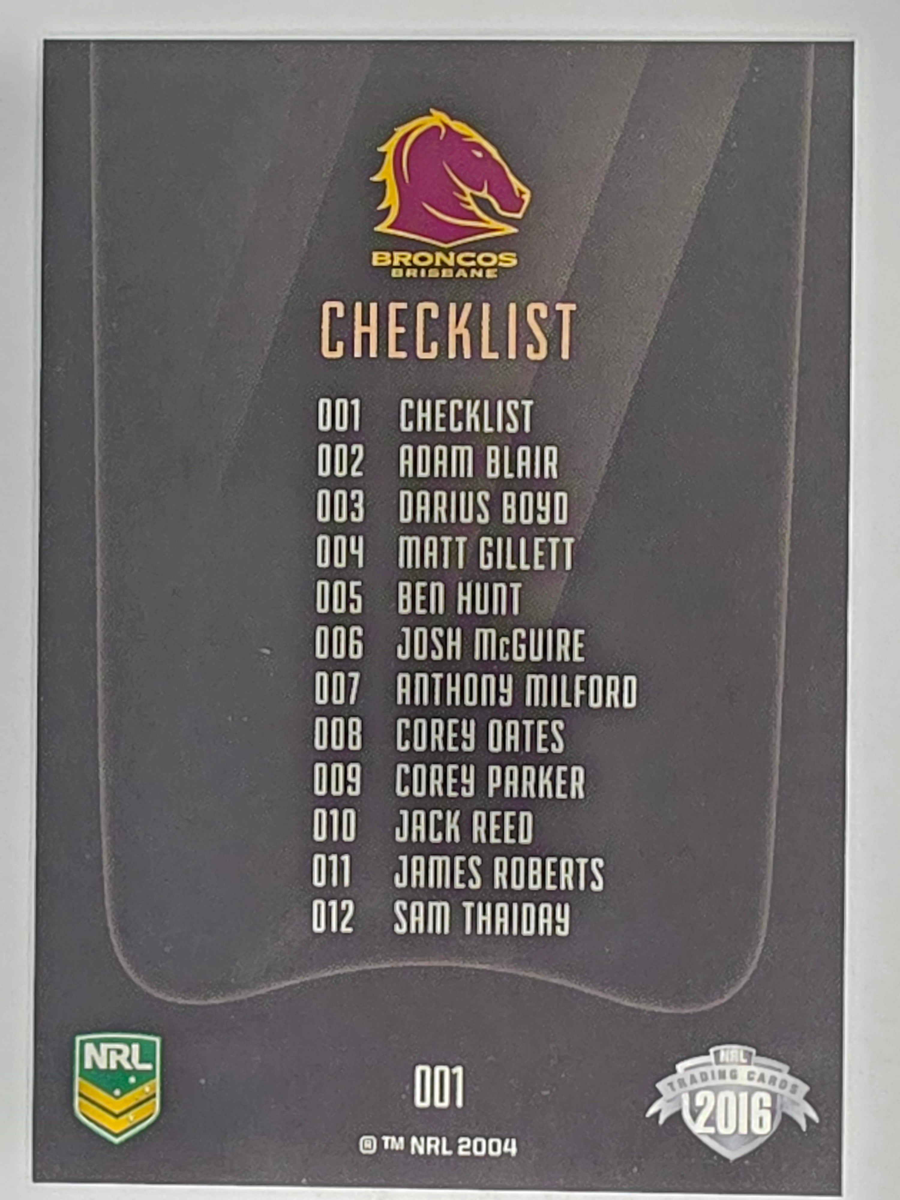 NRL 2016 Elite | Base Card #001 | Broncos Checklist | Brisbane Broncos