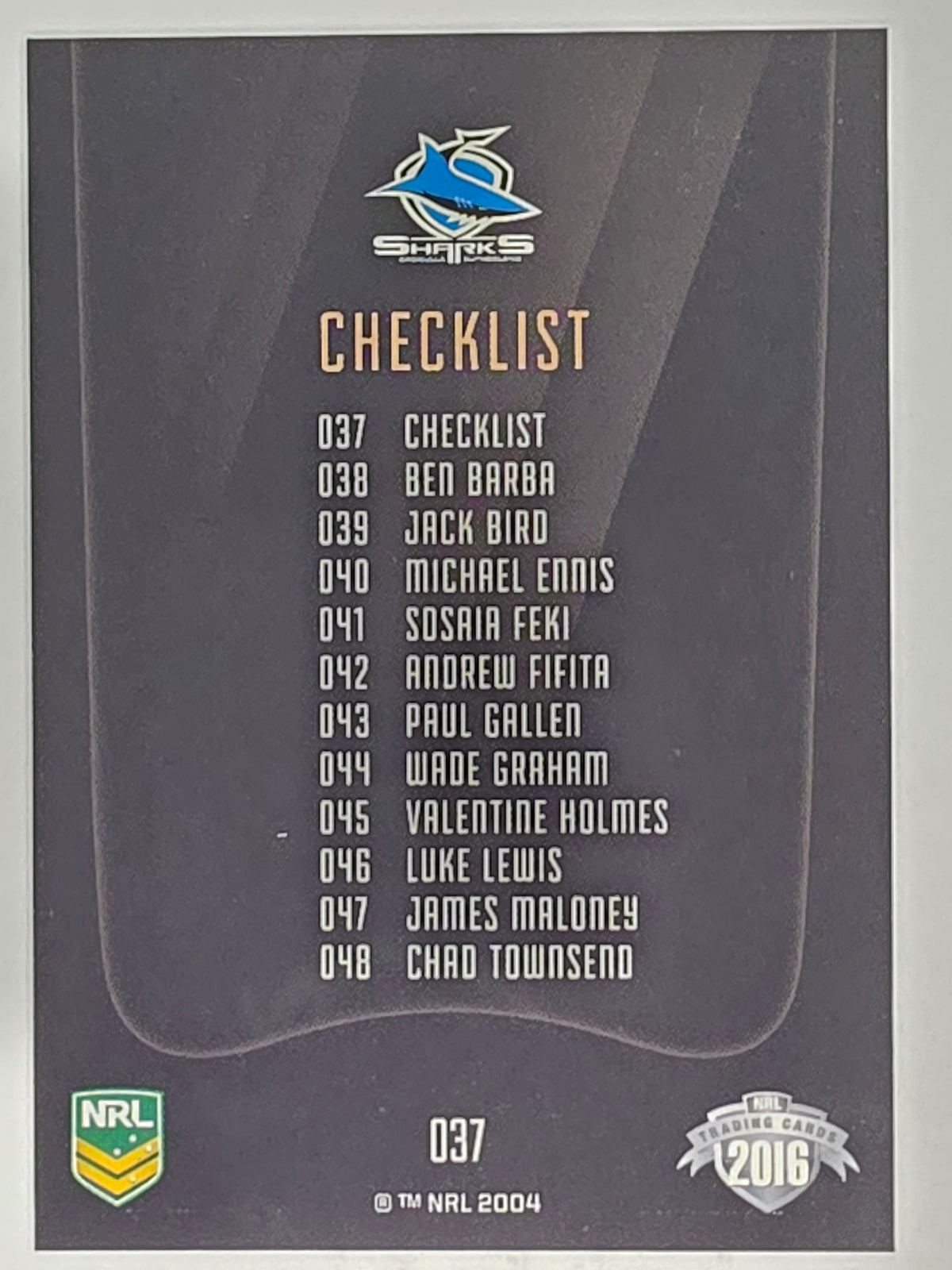 NRL 2016 Elite | Base Card #037 | Sharks Checklist | Cronulla Sutherland Sharks
