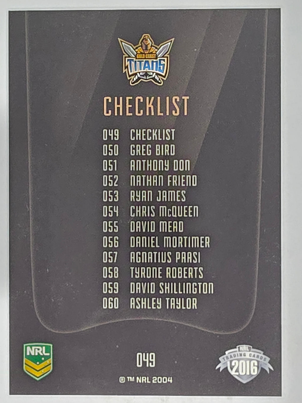NRL 2016 Elite | Base Card #049 | Titans Checklist | Gold Coast Titans