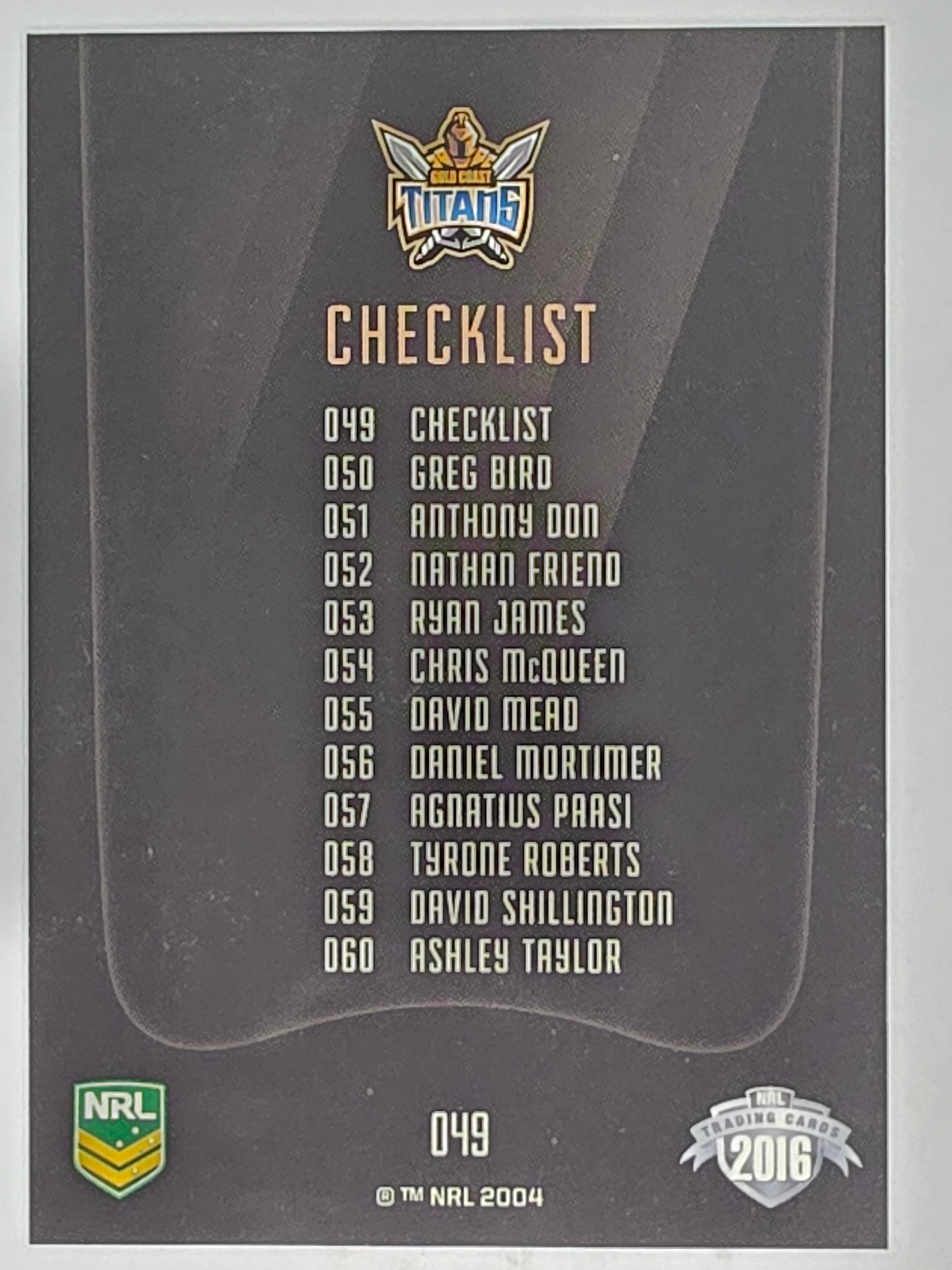 NRL 2016 Elite | Base Card #049 | Titans Checklist | Gold Coast Titans