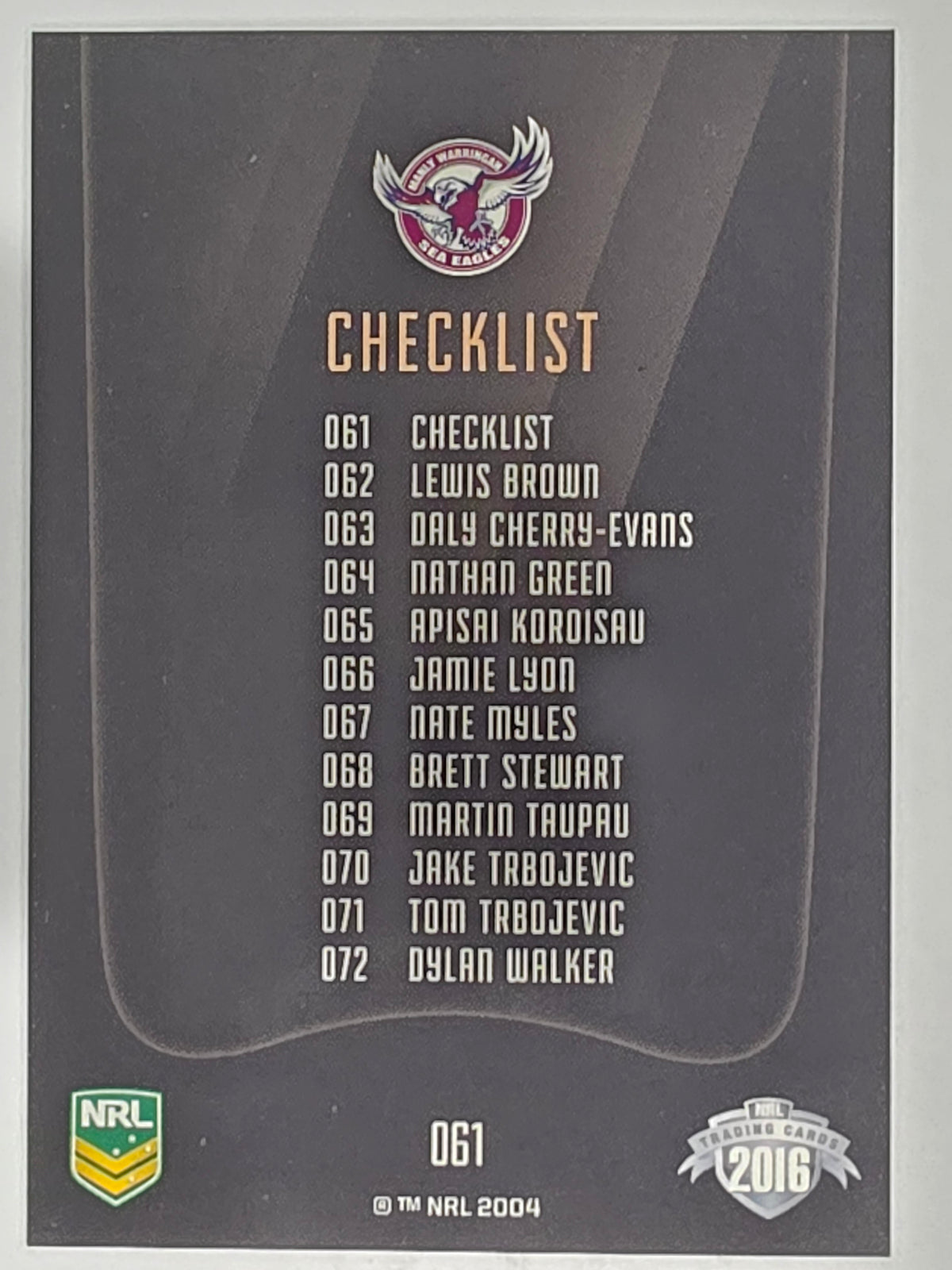 NRL 2016 Elite | Base Card #061 | Sea Eagles Checklist | Manly Warringah Sea Eagles