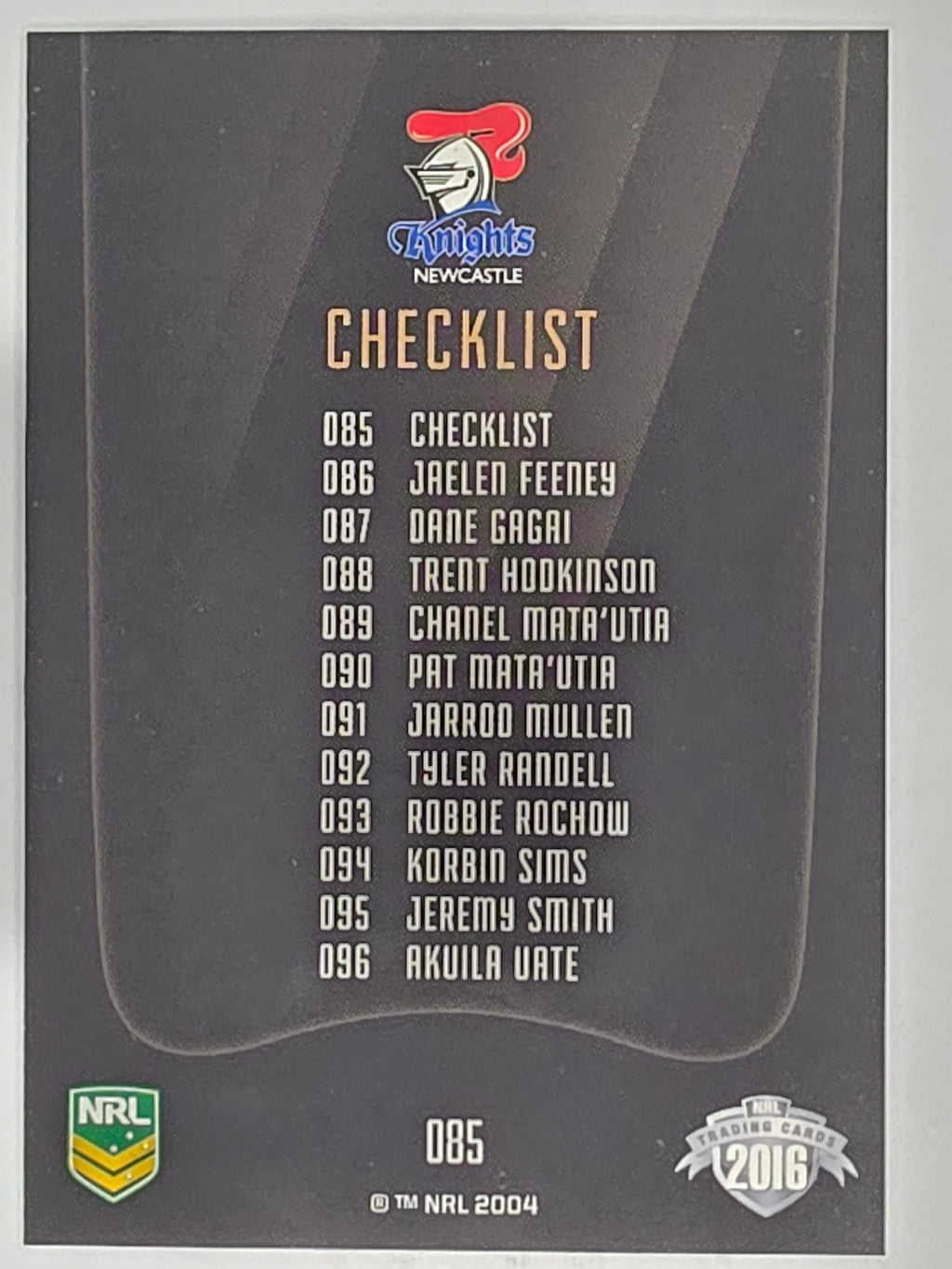 NRL 2016 Elite | Base Card #085 | Knights Checklist | Newcastle Knights
