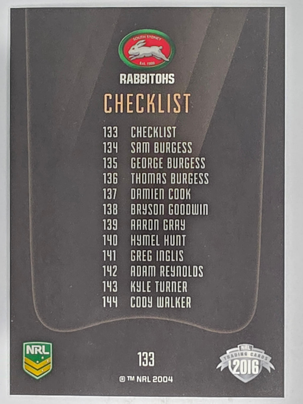 NRL 2016 Elite | Base Card #133 | Rabbitohs Checklist | South Sydney Rabbitohs