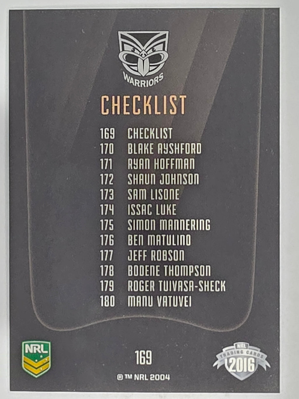 NRL 2016 Elite | Base Card #169 | Warriors Checklist | New Zealand Warriors