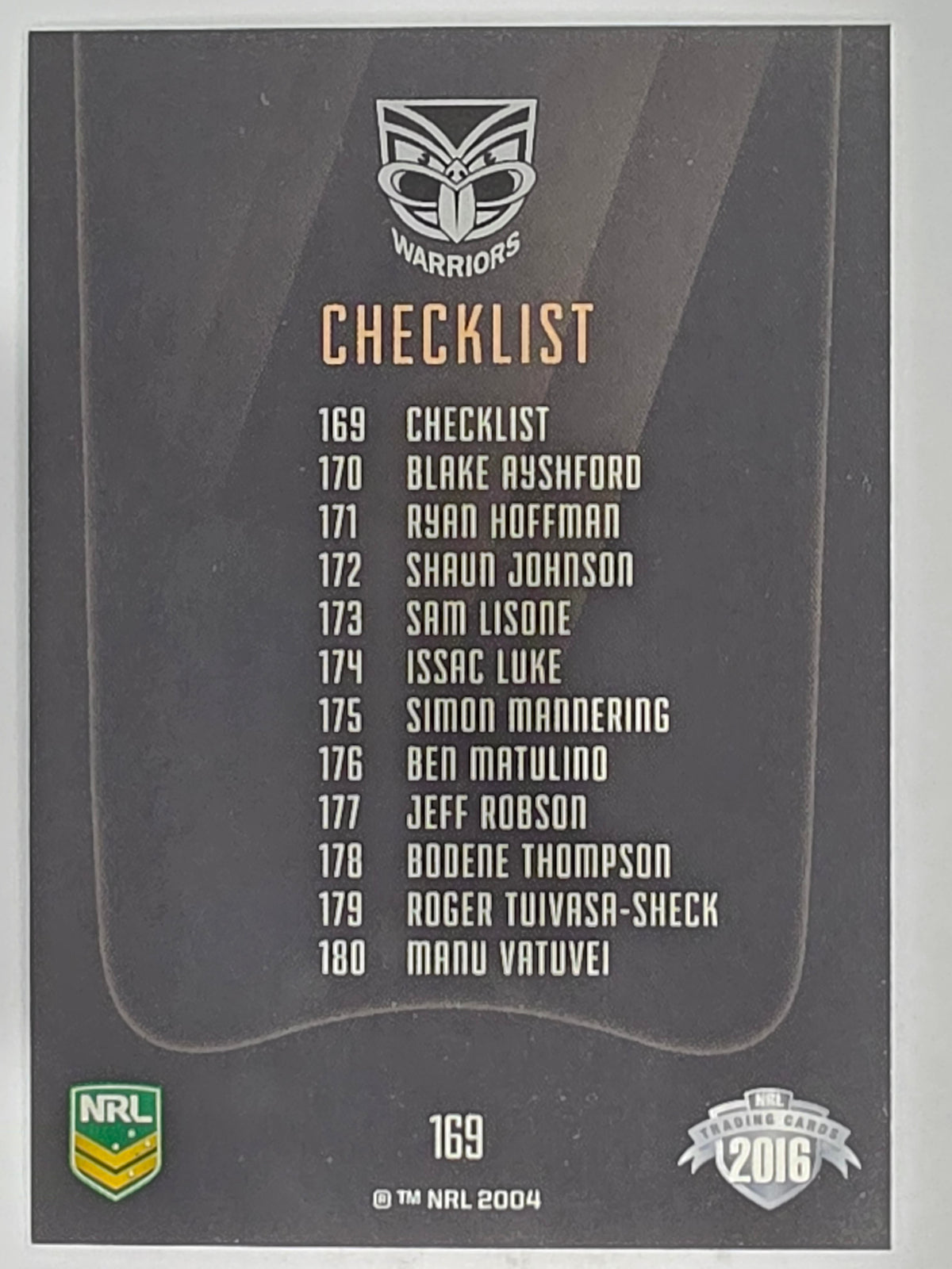 NRL 2016 Elite | Base Card #169 | Warriors Checklist | New Zealand Warriors