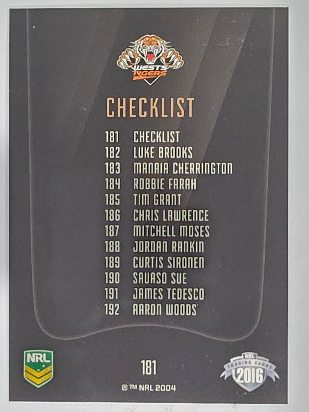 NRL 2016 Elite | Base Card #181 | Wests Tigers Checklist | Wests Tigers