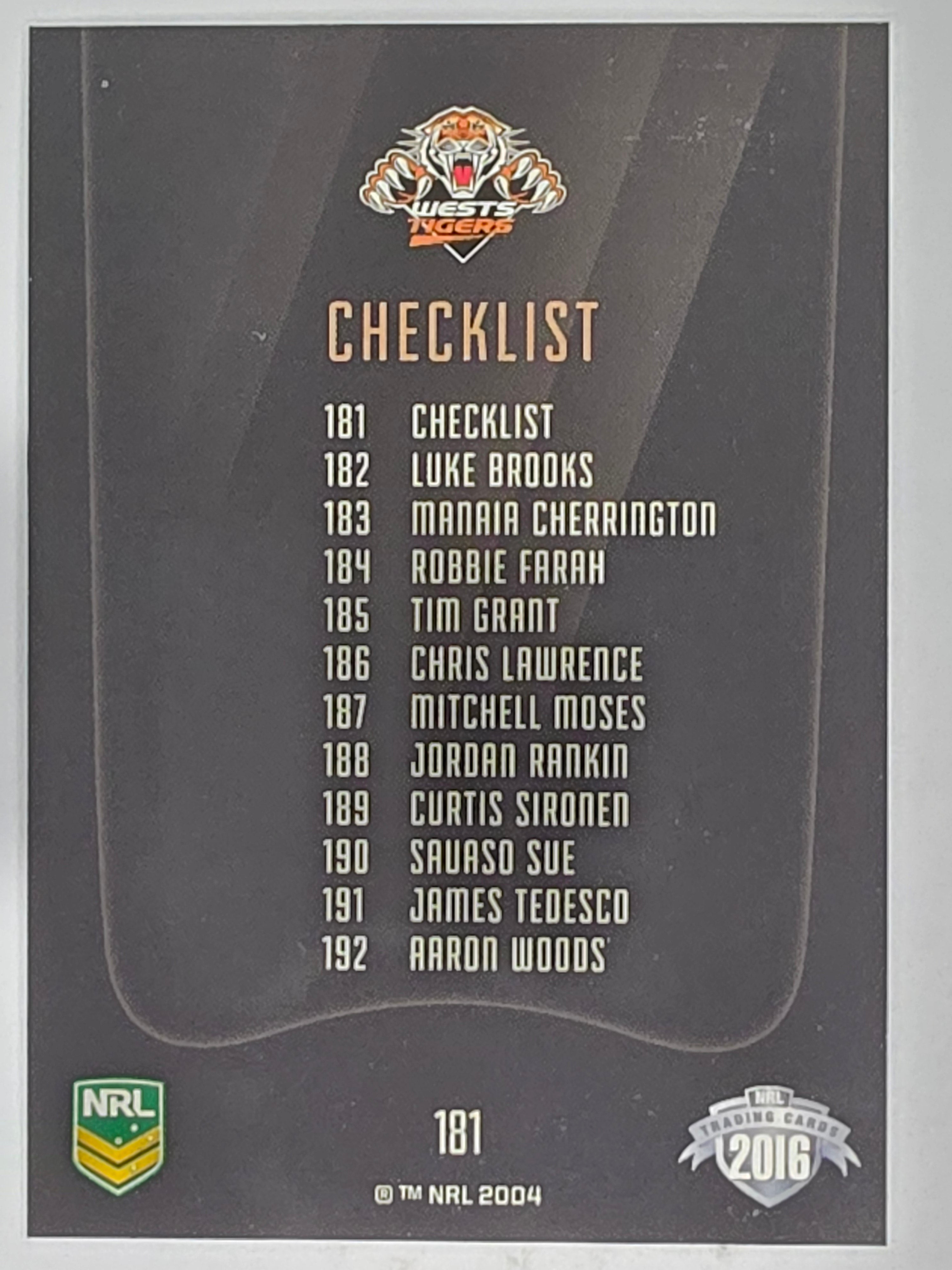 NRL 2016 Elite | Base Card #181 | Wests Tigers Checklist | Wests Tigers