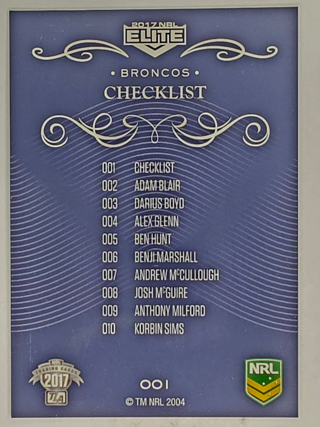 NRL 2017 Elite | Base Card #001 | Broncos Checklist | Brisbane Broncos