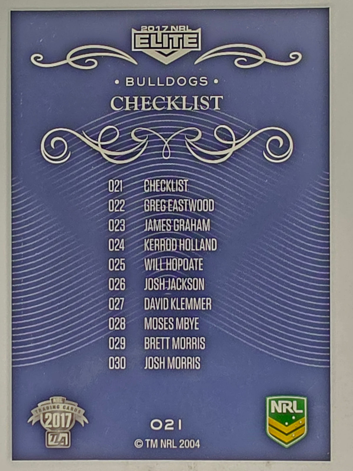 NRL 2017 Elite | Base Card #021 | Bulldogs Checklist | Canterbury Bankstown Bulldogs