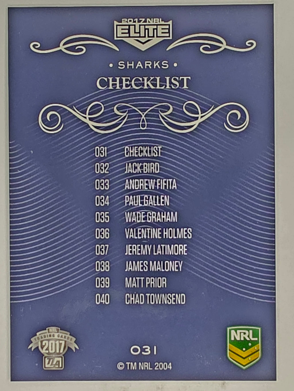 NRL 2017 Elite | Base Card #031 | Sharks Checklist | Cronulla Sutherland Sharks