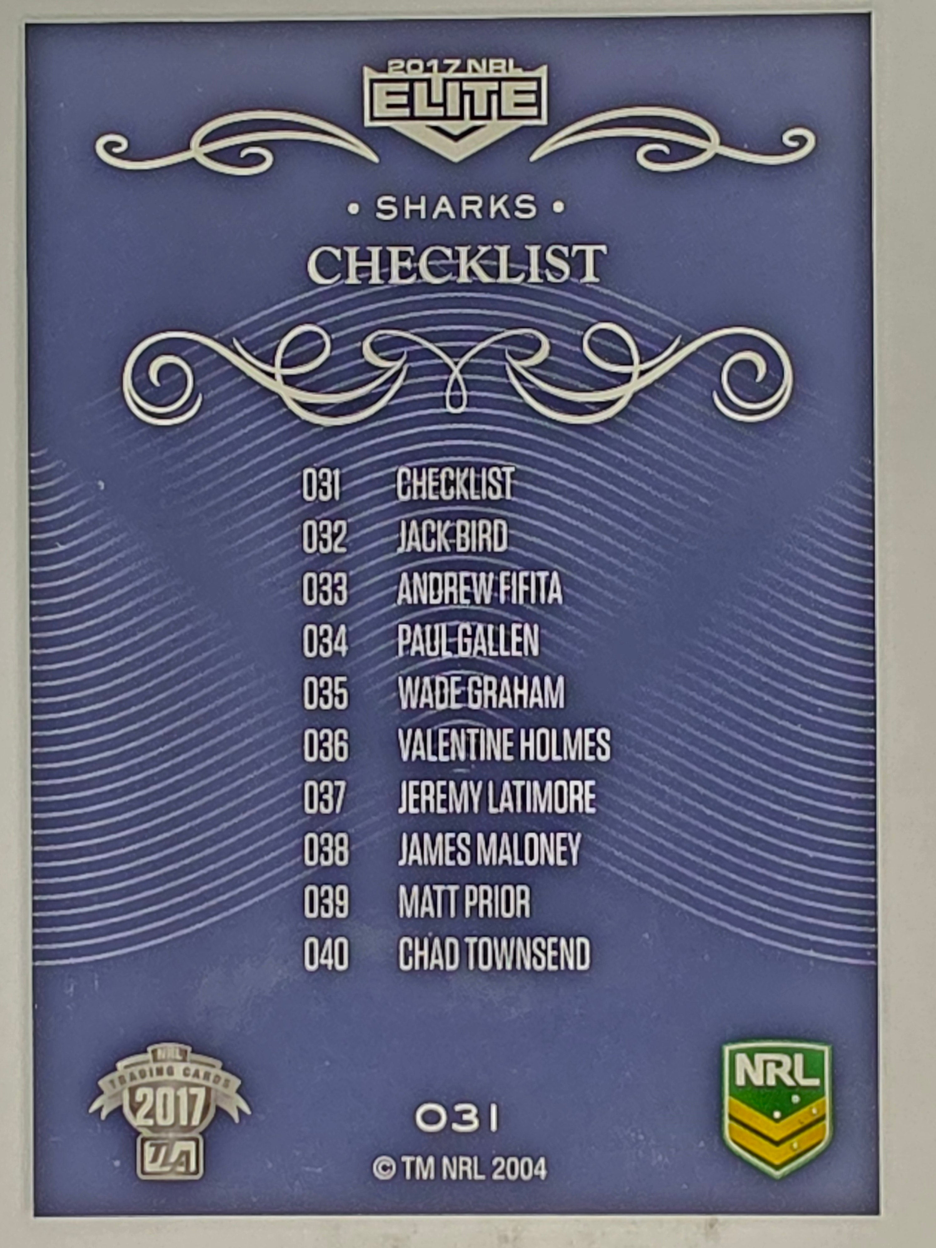 NRL 2017 Elite | Base Card #031 | Sharks Checklist | Cronulla Sutherland Sharks