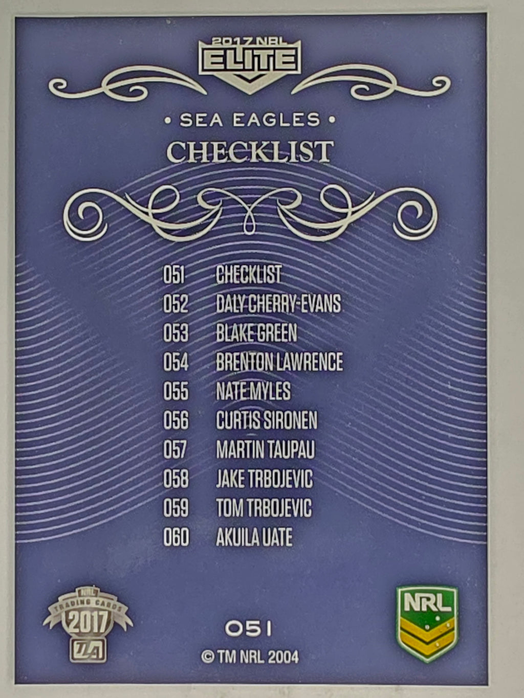 NRL 2017 Elite | Base Card #051 | Sea Eagles Checklist | Manly Warringah Sea Eagles