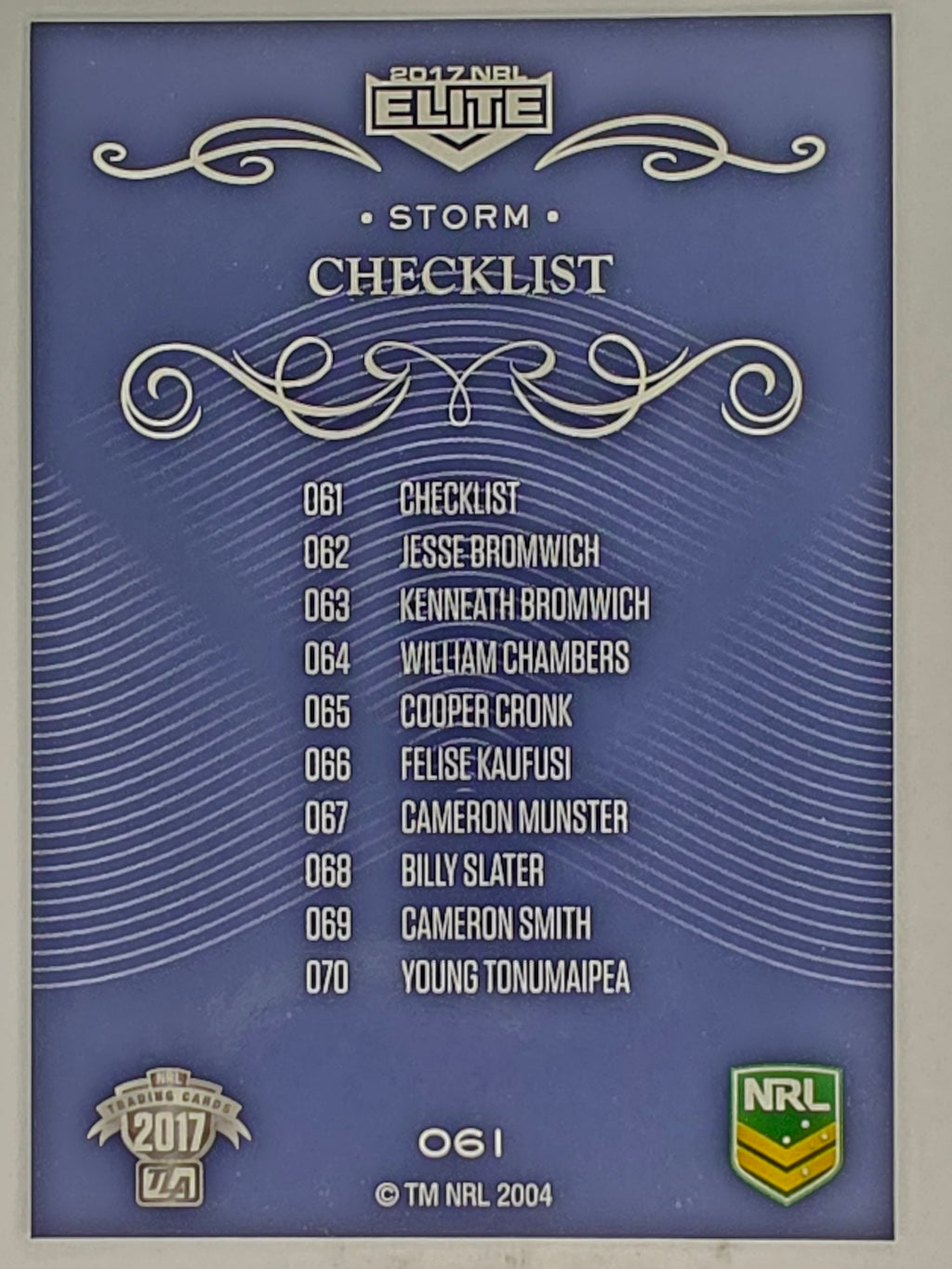 NRL 2017 Elite | Base Card #061 | Storm Checklist | Melbourne Storm