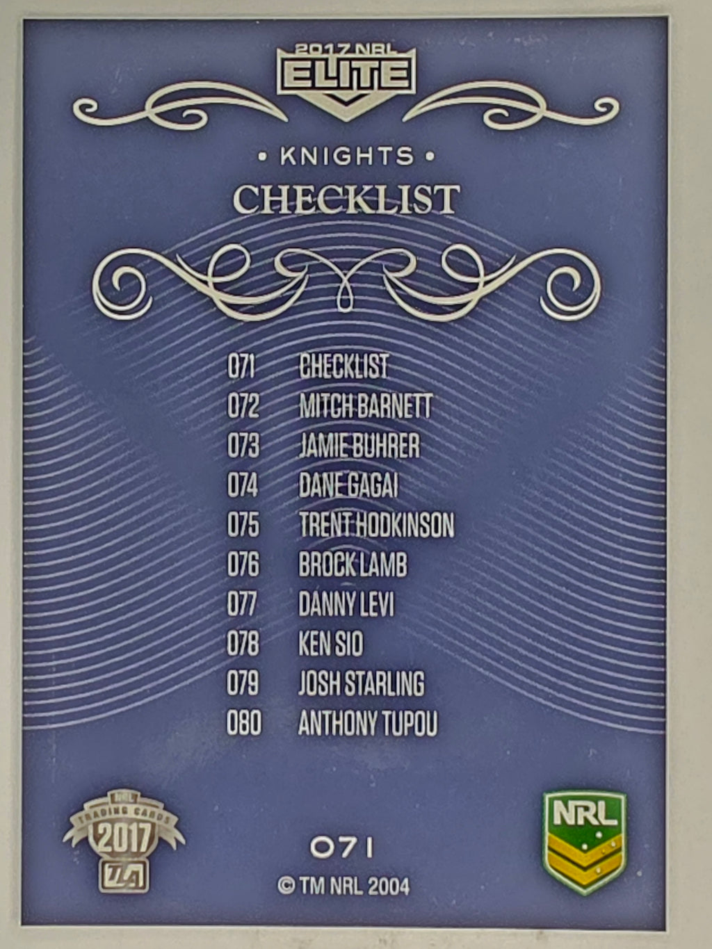 NRL 2017 Elite | Base Card #071 | Knights Checklist | Newcastle Knights