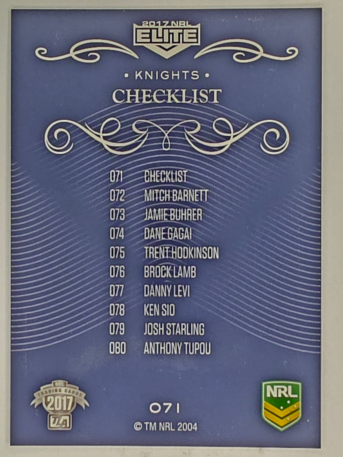 NRL 2017 Elite | Base Card #071 | Knights Checklist | Newcastle Knights