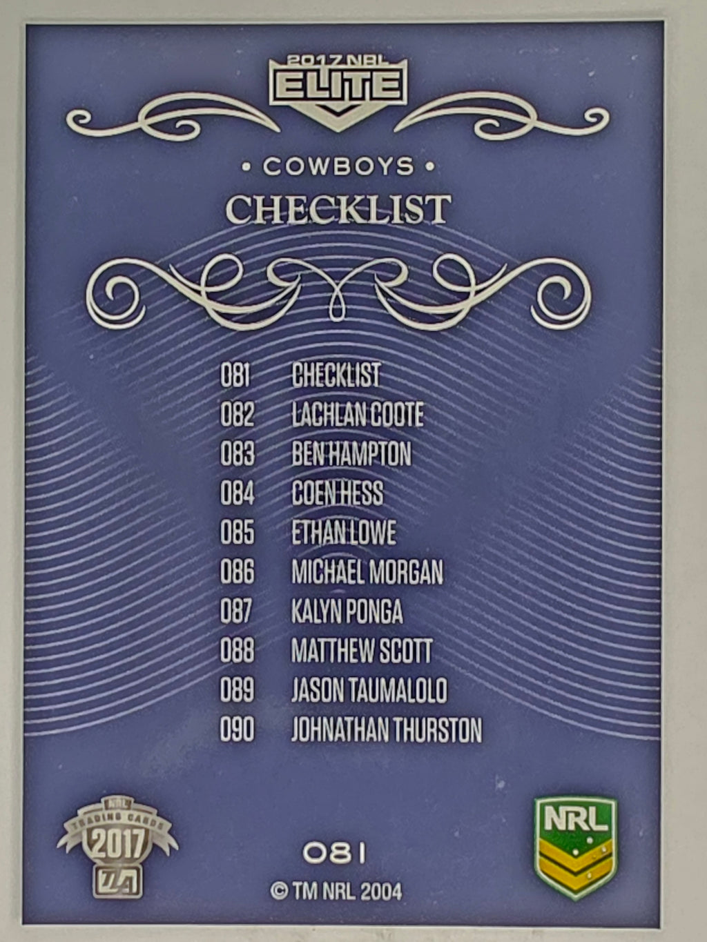 NRL 2017 Elite | Base Card #081 | Cowboys Checklist | North Queensland Cowboys