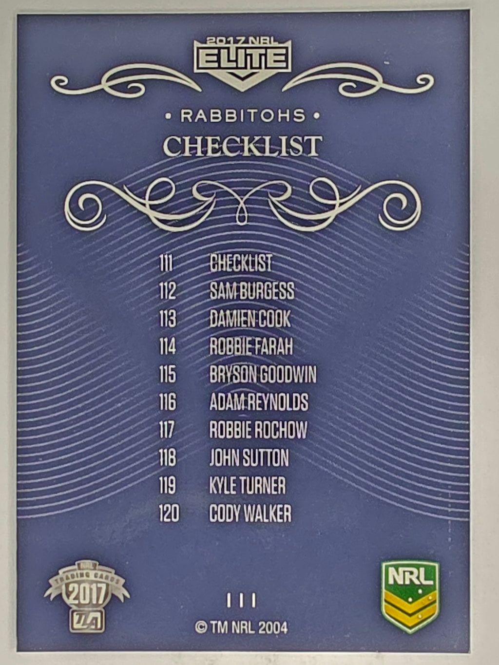 NRL 2017 Elite | Base Card #111 | Rabbitohs Checklist | South Sydney Rabbitohs