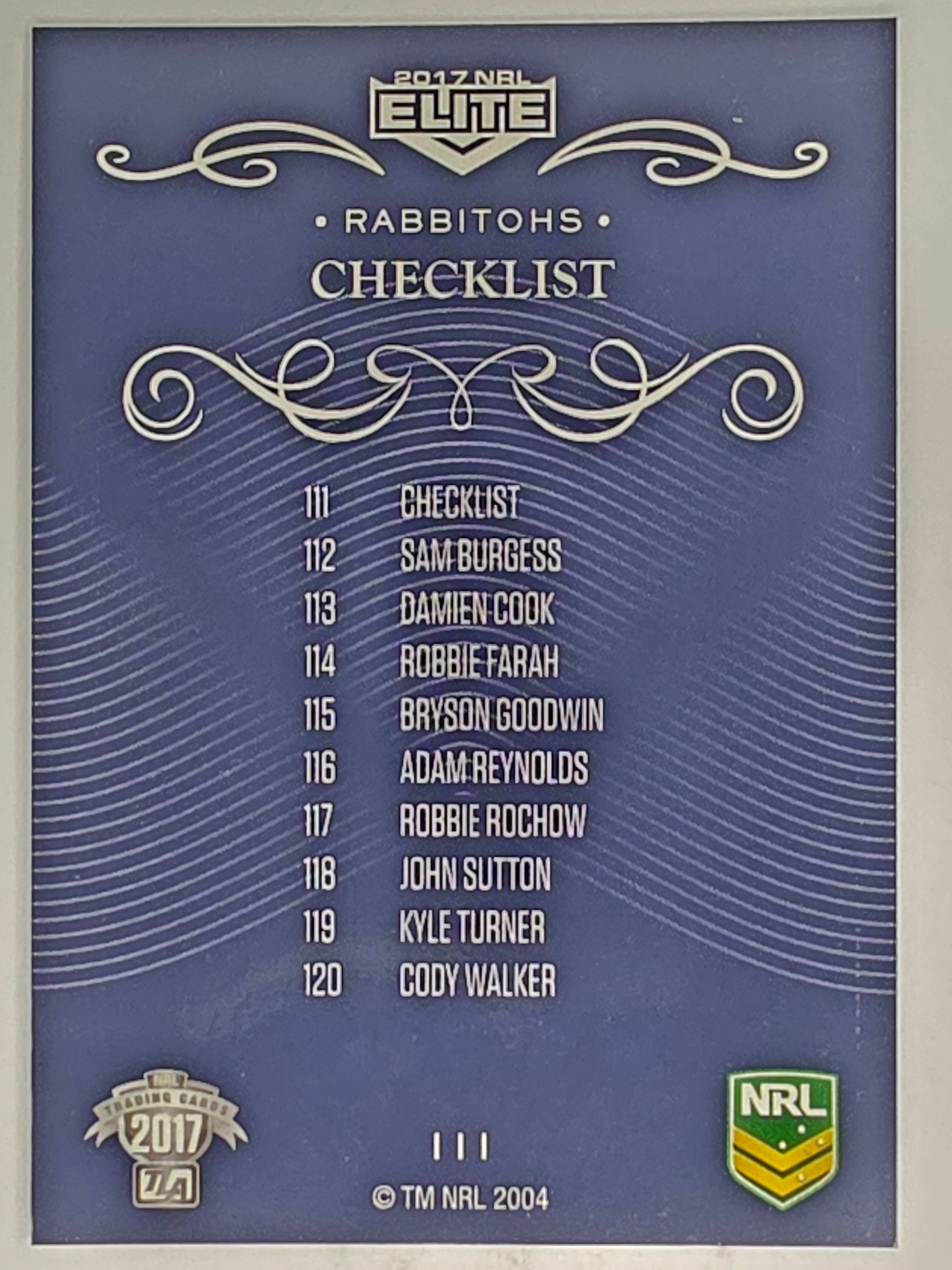 NRL 2017 Elite | Base Card #111 | Rabbitohs Checklist | South Sydney Rabbitohs