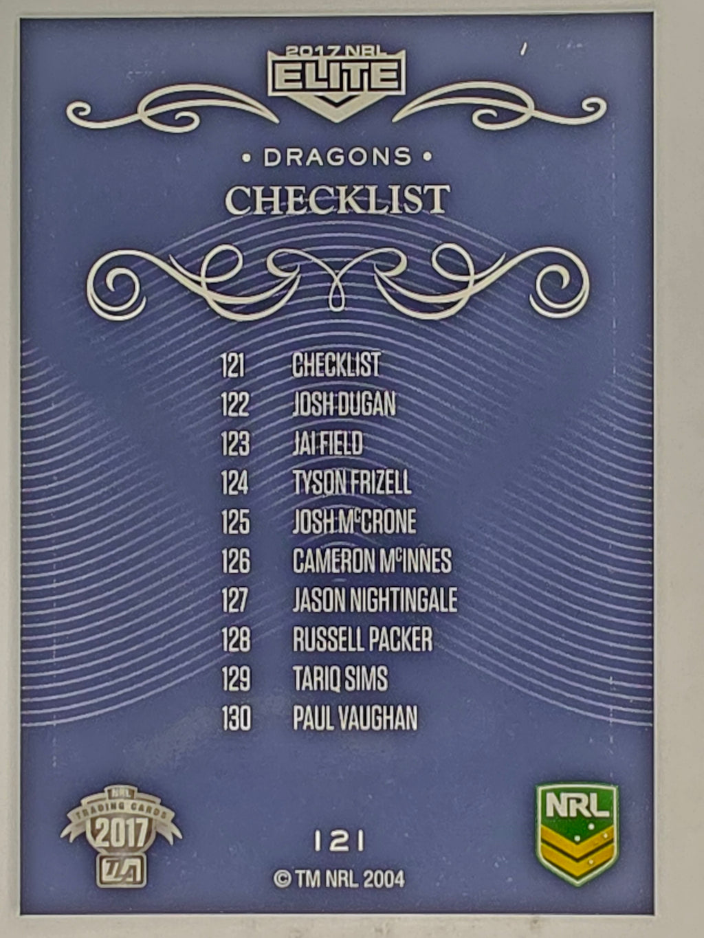NRL 2017 Elite | Base Card #121 | Dragons Checklist | St George Illawarra Dragons