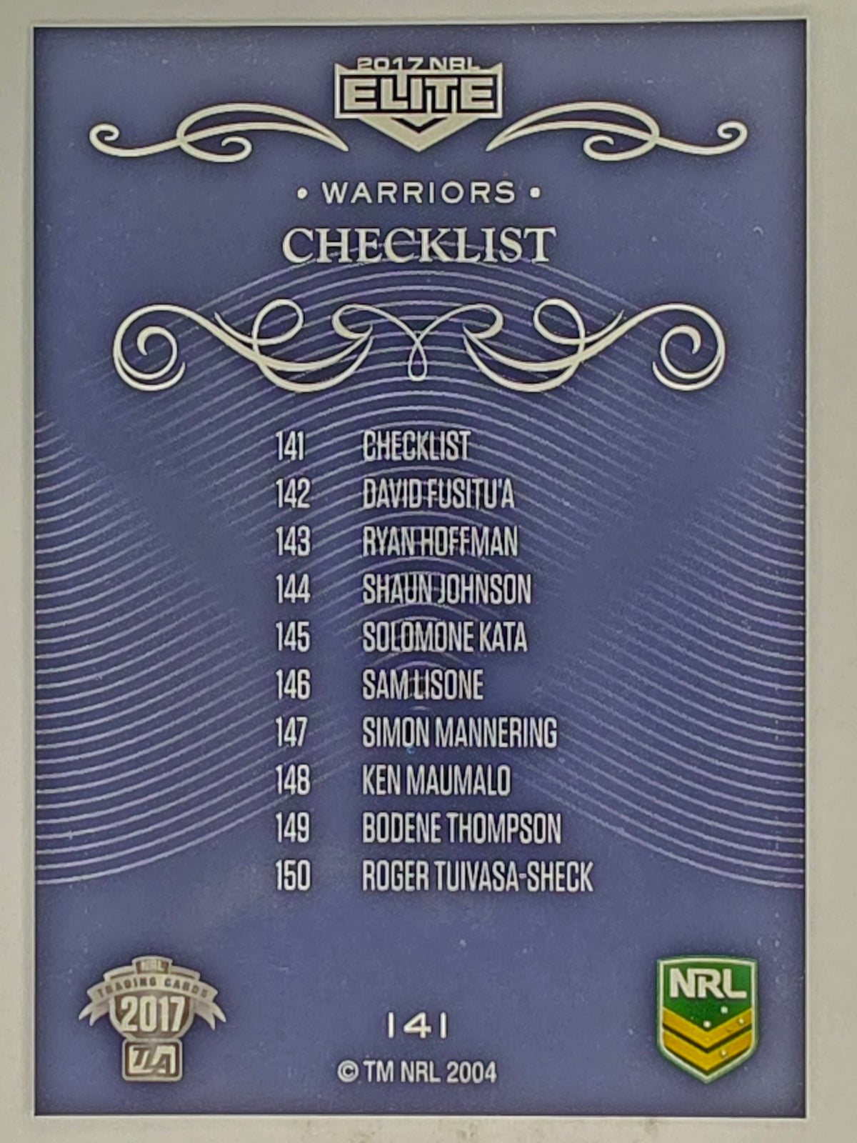 NRL 2017 Elite | Base Card #141 | Warriors Checklist | New Zealand Warriors