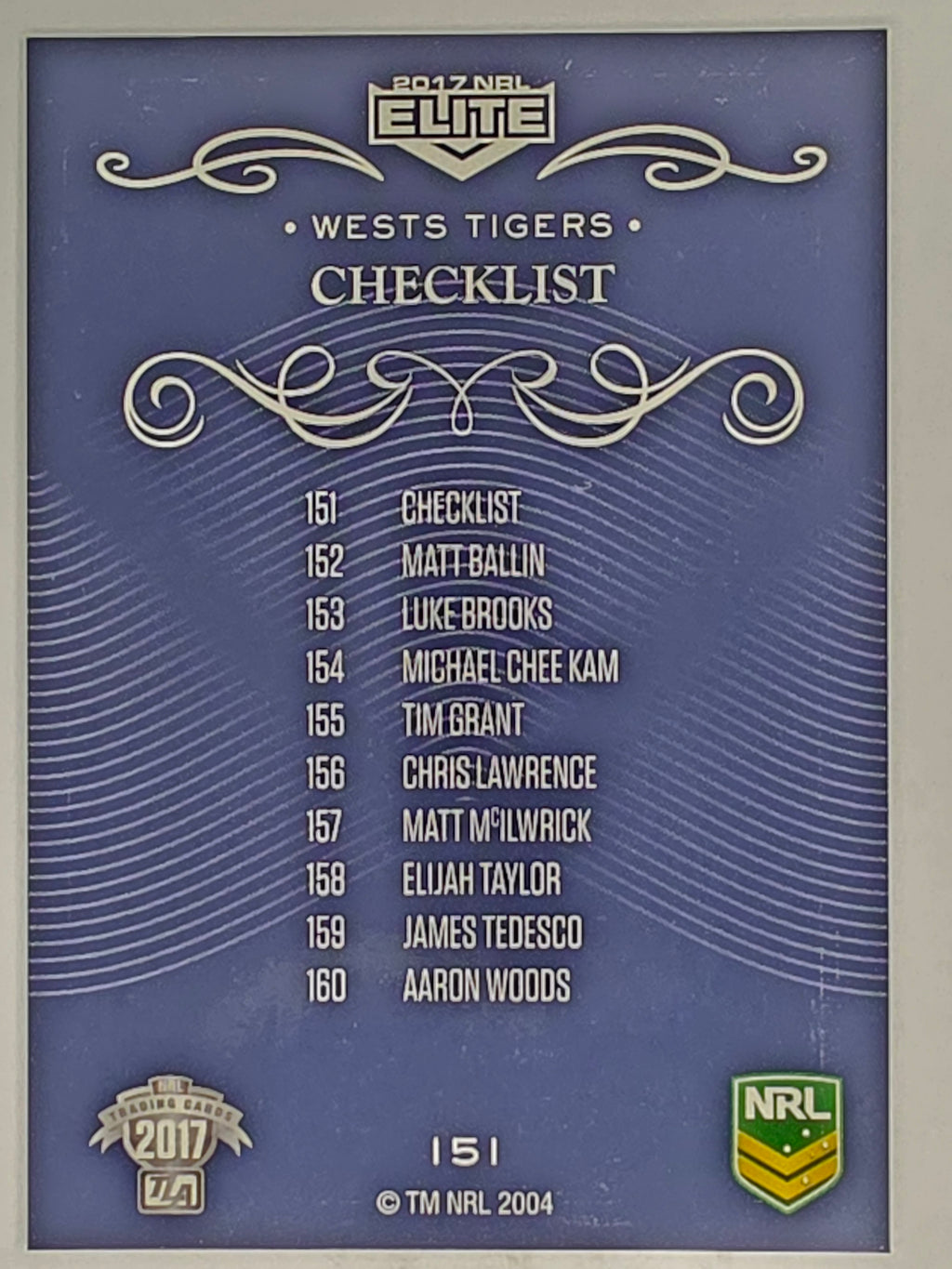NRL 2017 Elite | Base Card #151 | Wests Tigers Checklist | Wests Tigers