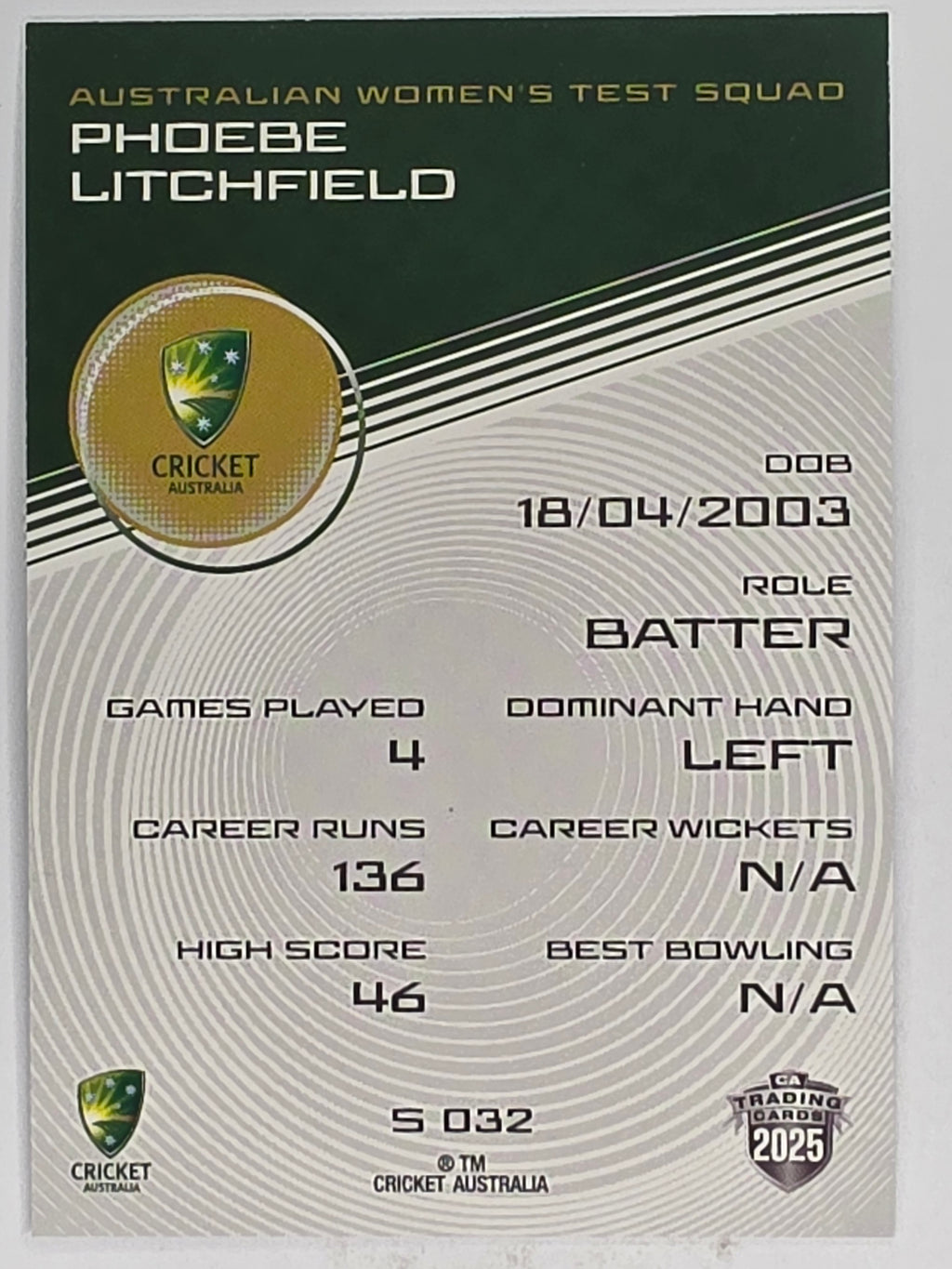 2025/26 Cricket Traders | Silver Parallel | #S032 | Phoebe Litchfield | Australian Womens Test