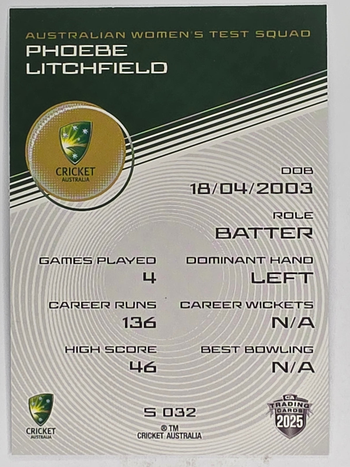 2025/26 Cricket Traders | Silver Parallel | #S032 | Phoebe Litchfield | Australian Womens Test