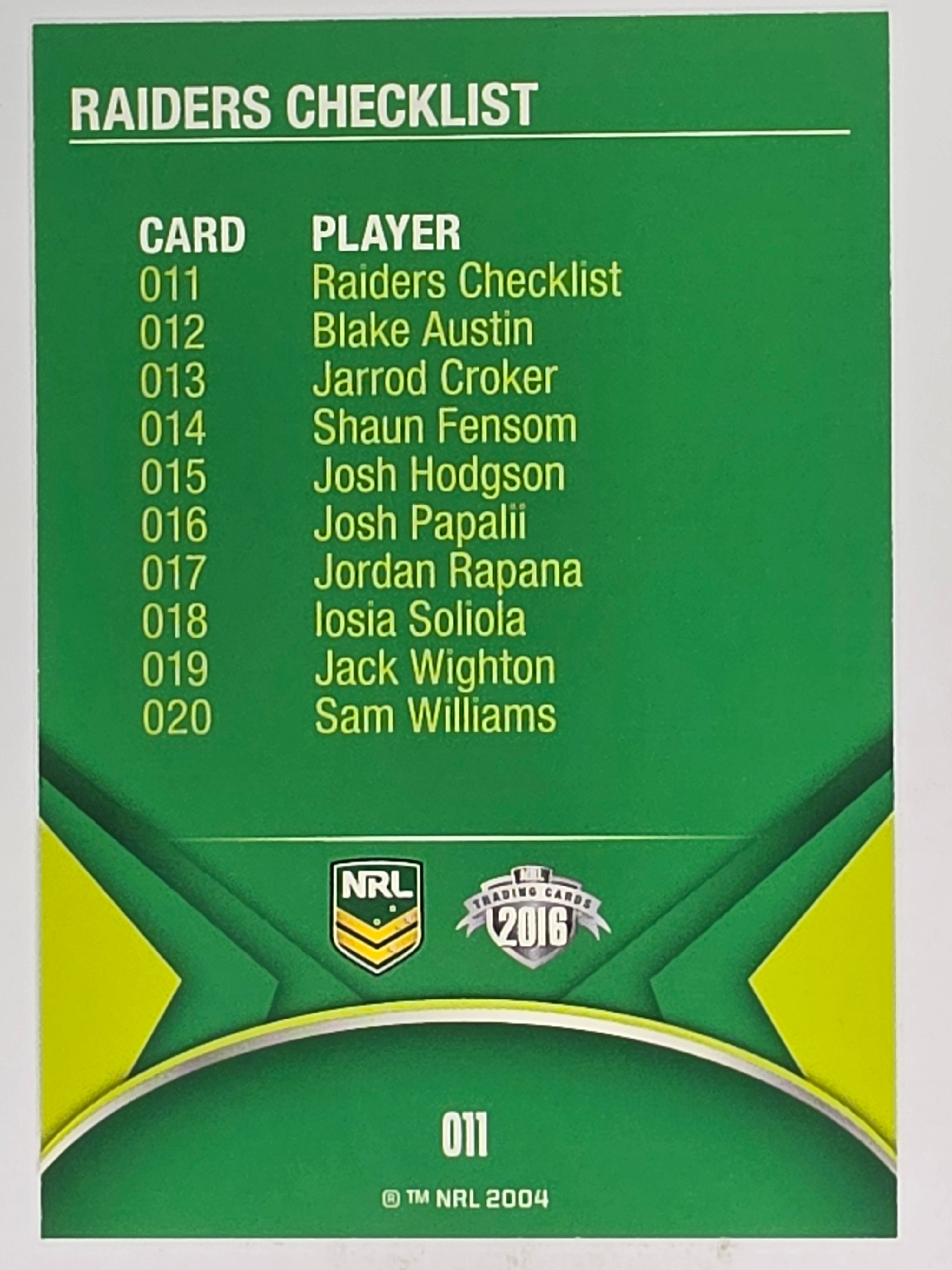NRL 2016 Traders | Base Card #011 | Raiders Checklist | Canberra Raiders