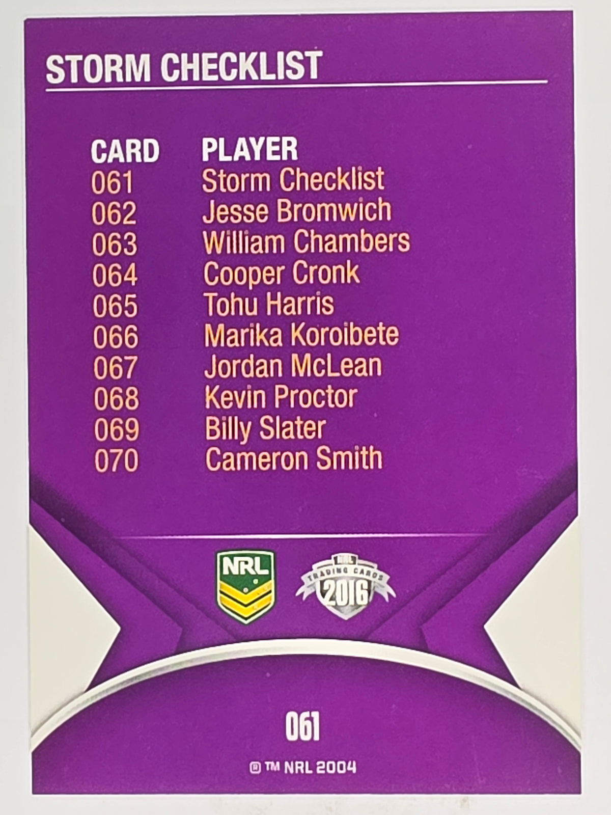NRL 2016 Traders | Base Card #061 | Storm Checklist | Melbourne Storm
