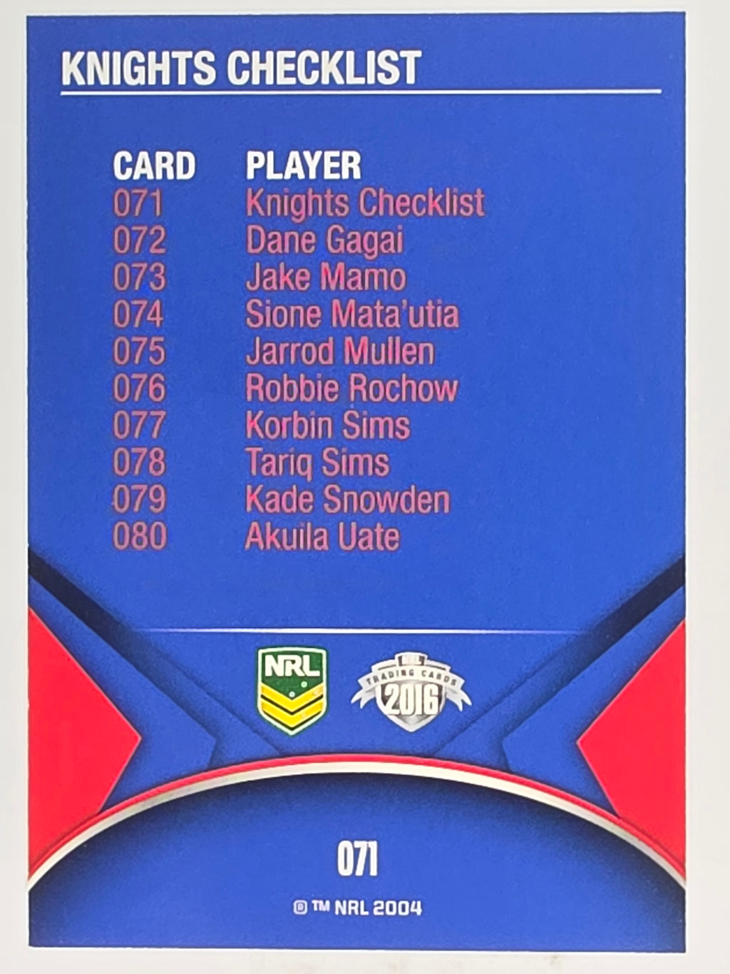 NRL 2016 Traders | Base Card #071 | Knights Checklist | Newcastle Knights
