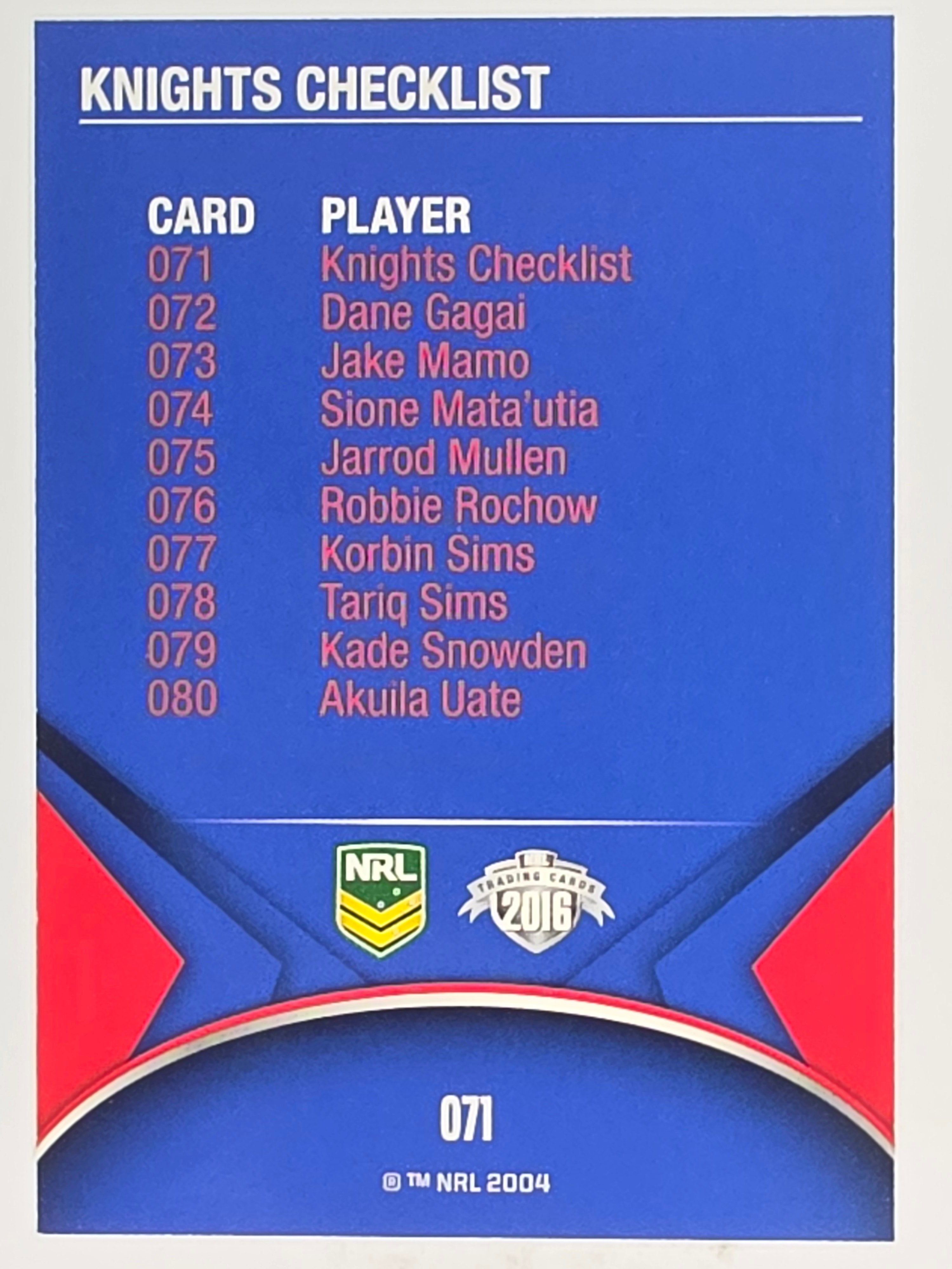 NRL 2016 Traders | Base Card #071 | Knights Checklist | Newcastle Knights