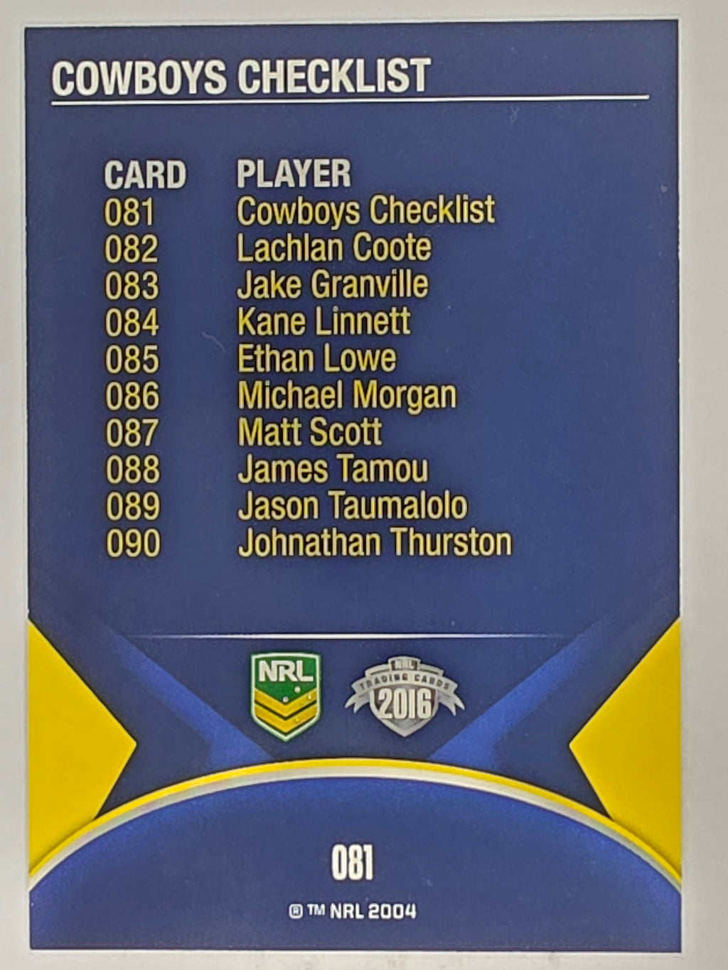 NRL 2016 Traders | Base Card #081 | Cowboys Checklist | North Queensland Cowboys