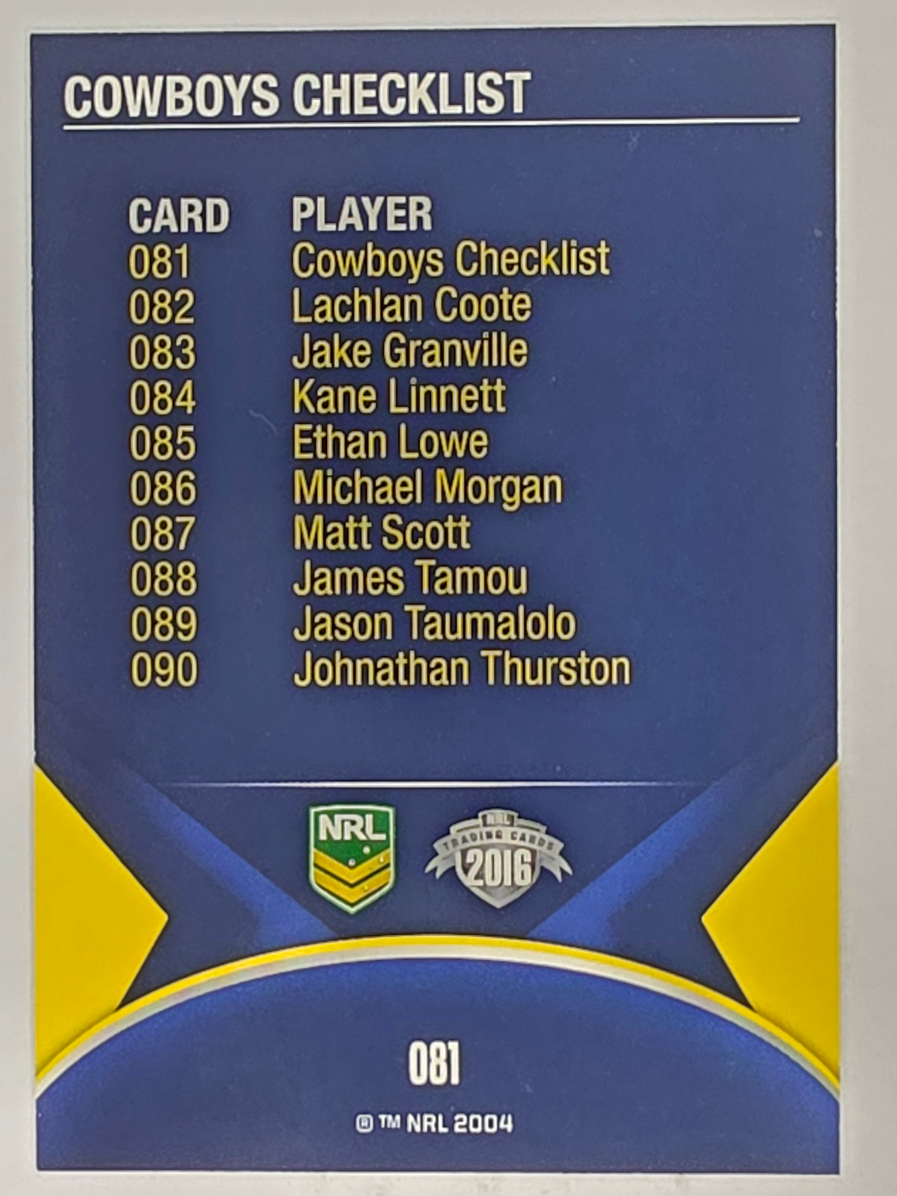 NRL 2016 Traders | Base Card #081 | Cowboys Checklist | North Queensland Cowboys