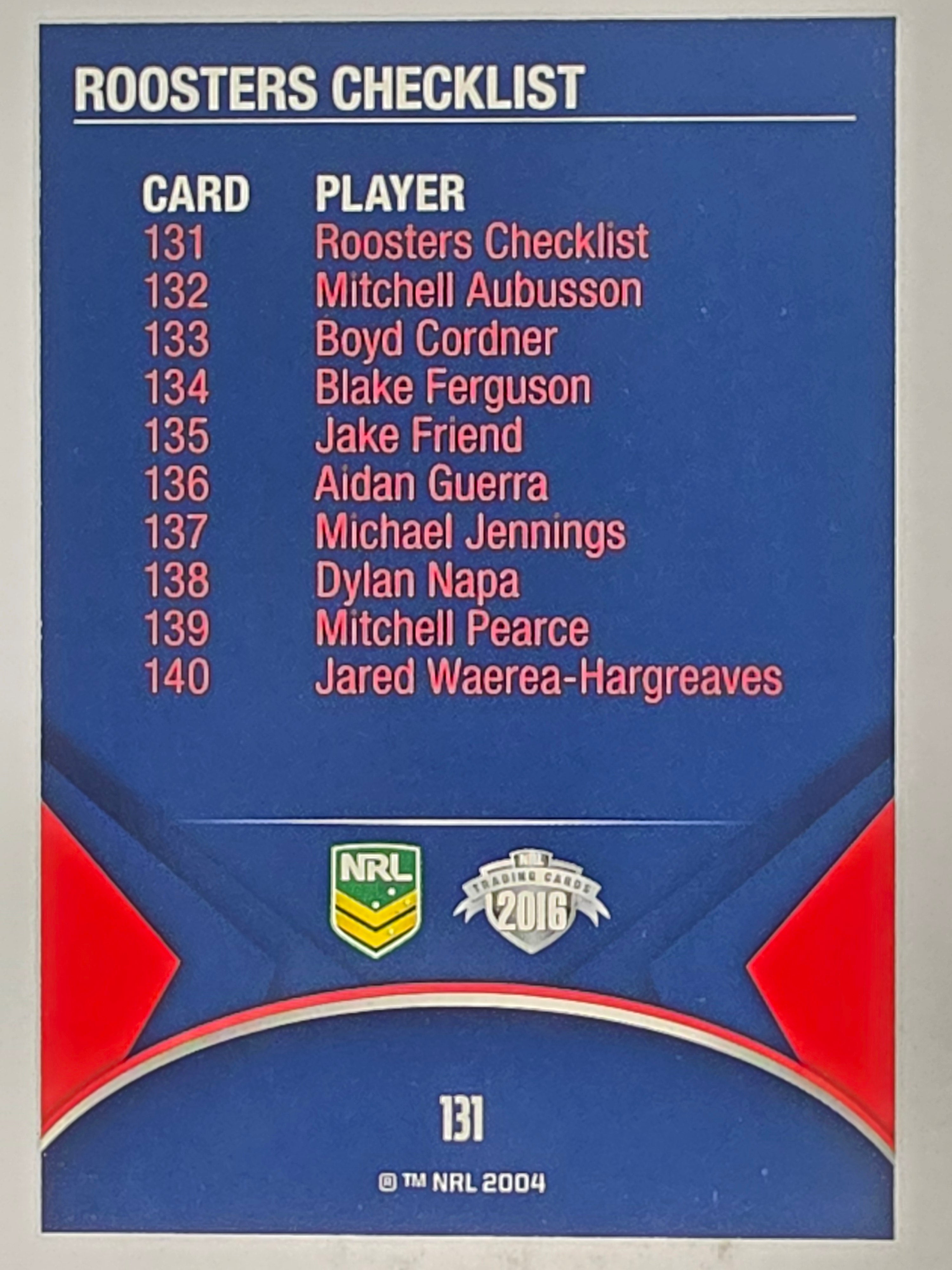 NRL 2016 Traders | Base Card #131 | Roosters Checklist | Sydney Roosters