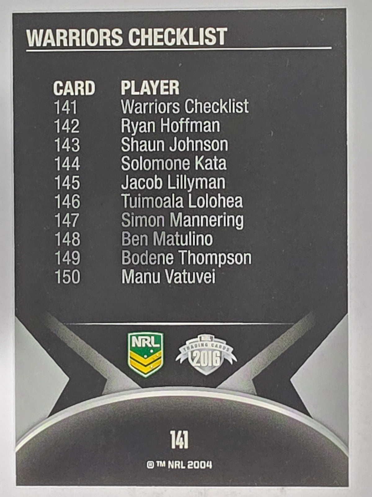 NRL 2016 Traders | Base Card #141 | Warriors Checklist | New Zealand Warriors