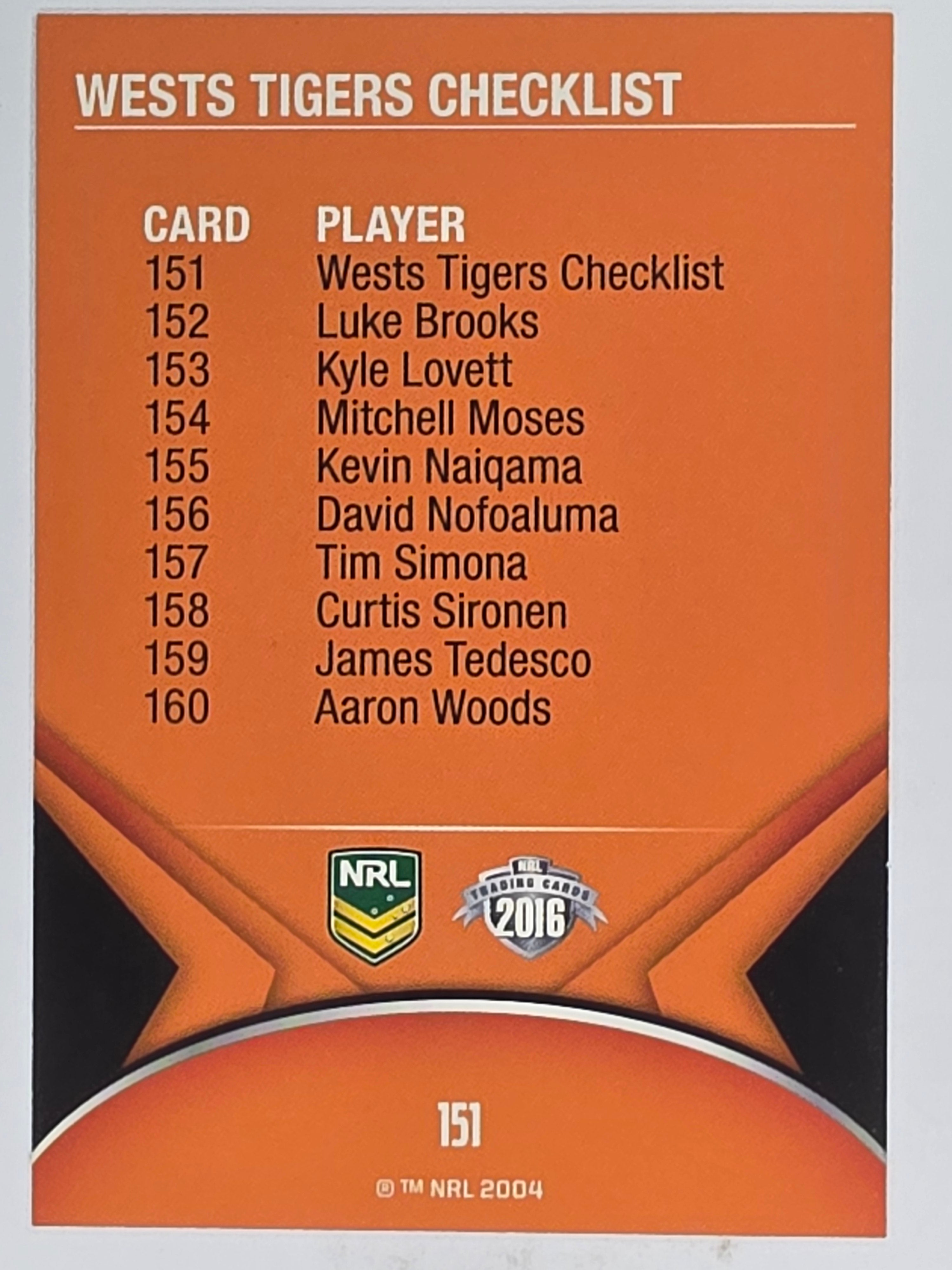NRL 2016 Traders | Base Card #151 | Wests Tigers Checklist | Wests Tigers