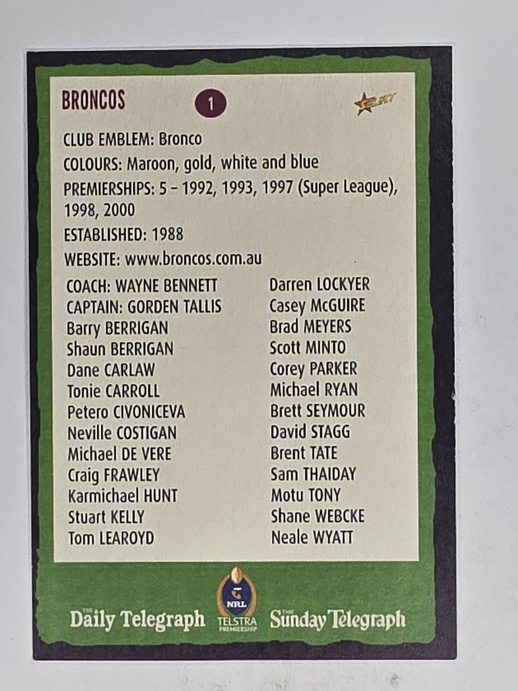 NRL 2004 Daily Telegraph | Base Card #001 | Brisbane Broncos Logo
