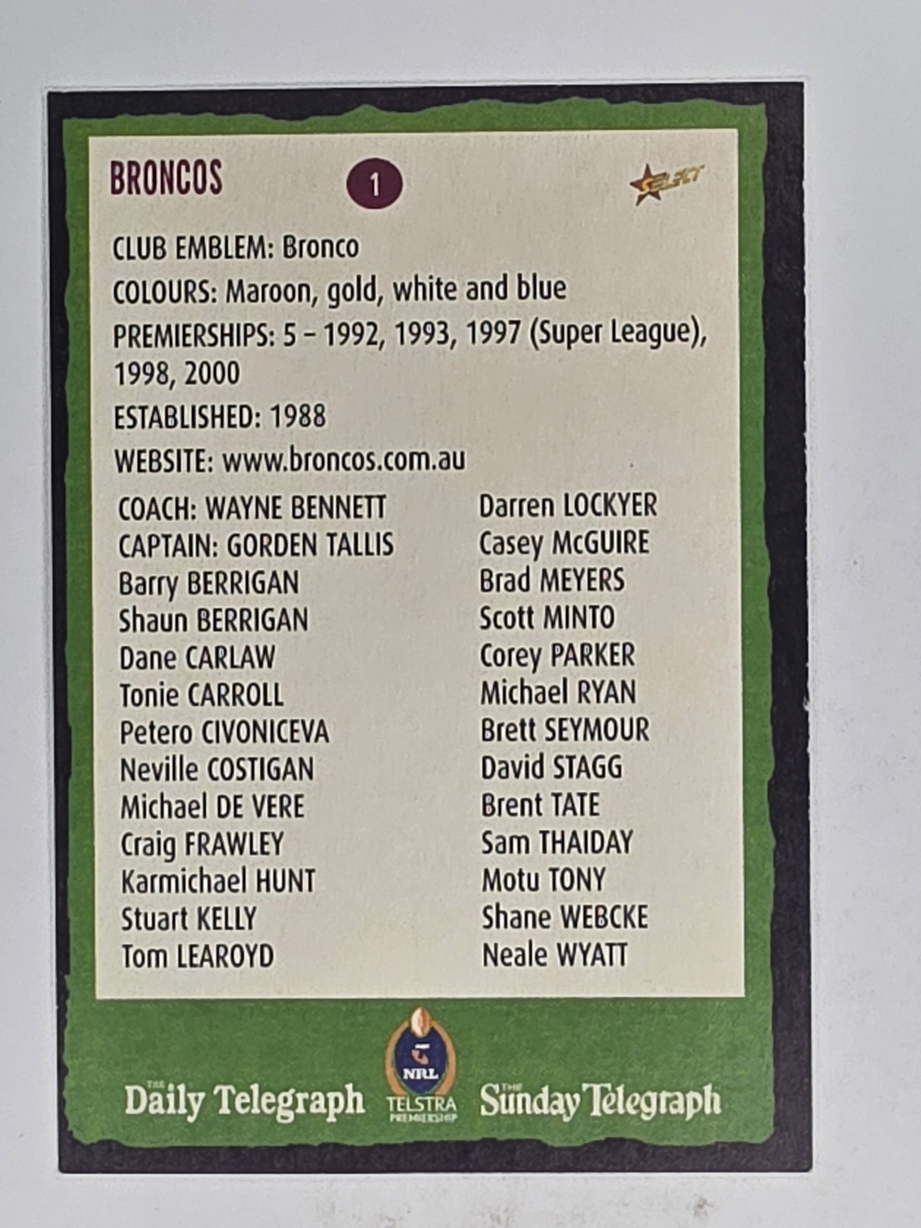 NRL 2004 Daily Telegraph | Base Card #001 | Brisbane Broncos Logo