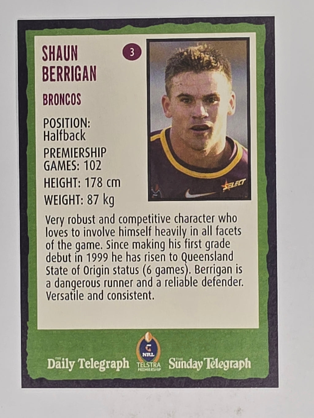 NRL 2004 Daily Telegraph | Base Card #003 | Shaun Berrigan | Brisbane Broncos