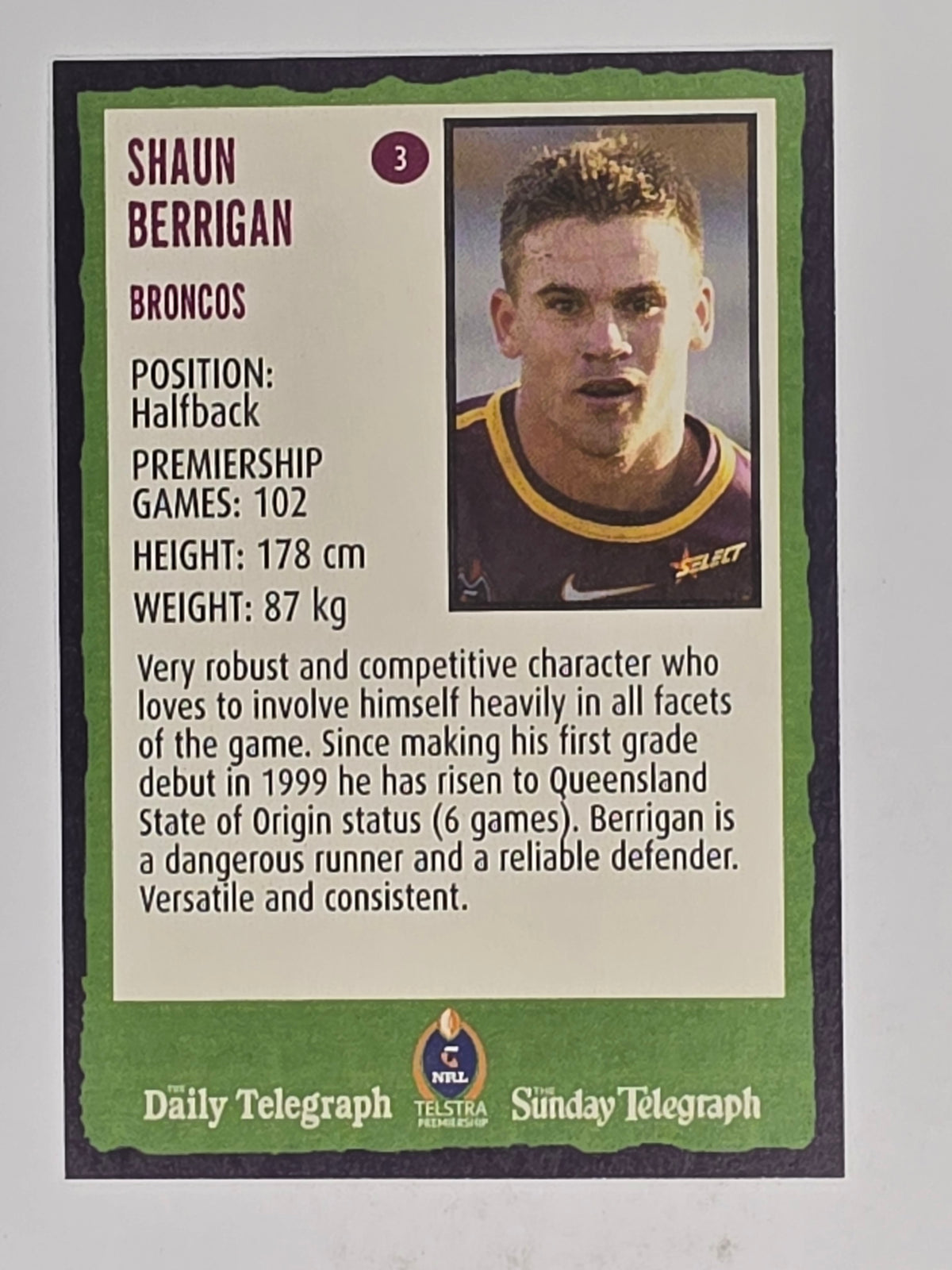 NRL 2004 Daily Telegraph | Base Card #003 | Shaun Berrigan | Brisbane Broncos